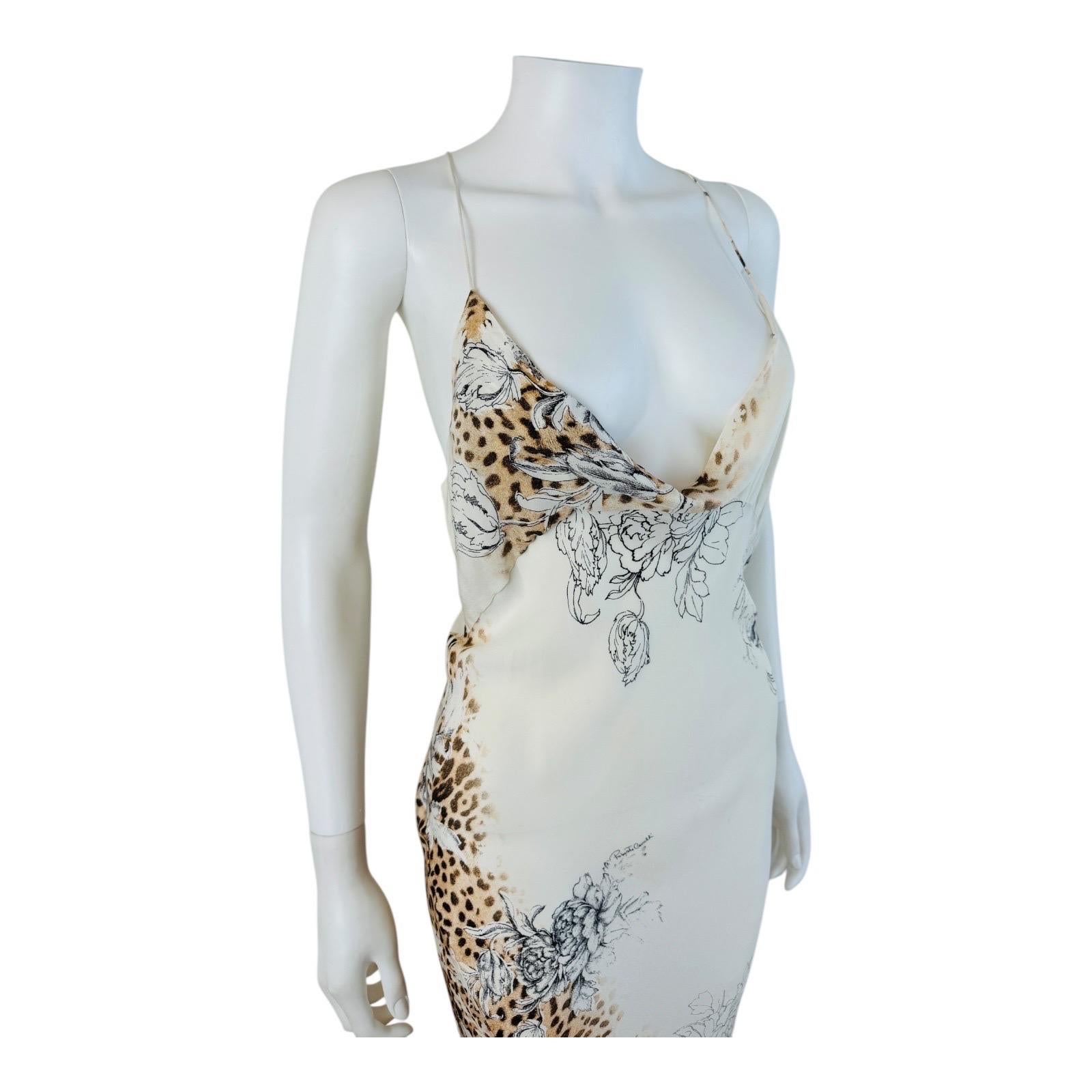 Women's Vintage S/S 2003 Roberto Cavalli Roses + Cheetah Leopard Animal Print Midi Dress For Sale