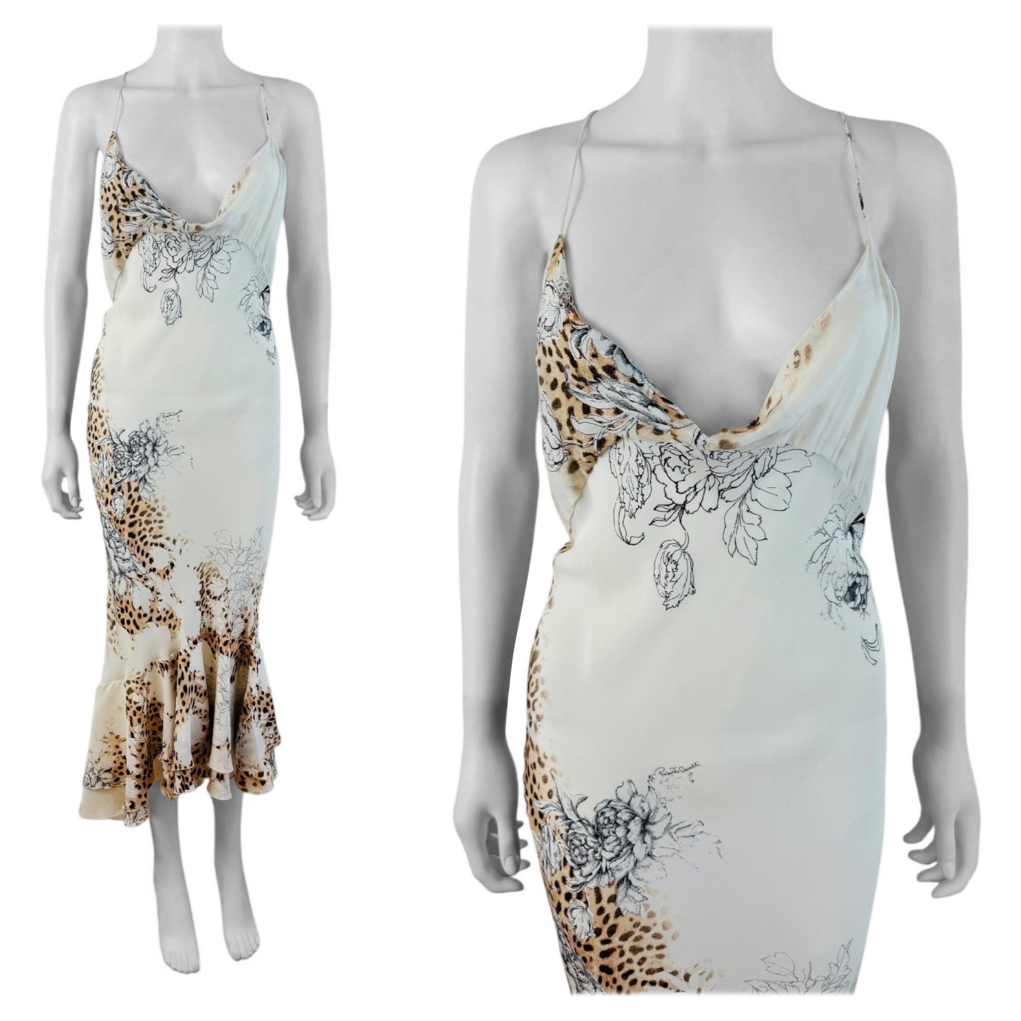Vintage S/S 2003 Roberto Cavalli Roses + Cheetah Leopard Animal Print Midi Dress