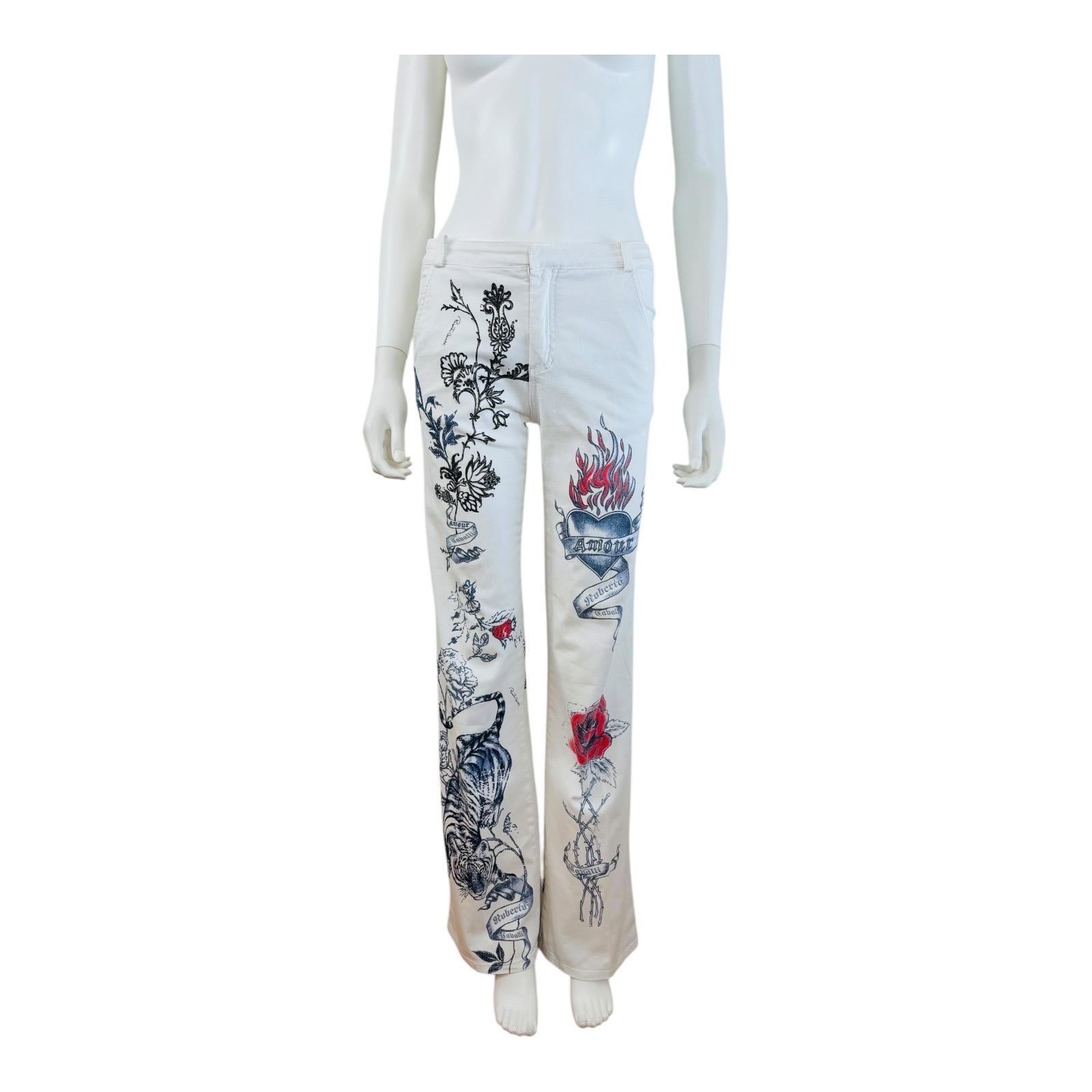 Vintage S/S 2003 Roberto Cavalli Tattoo Tiger Hearts Denim Jacket Jeans Pants 5