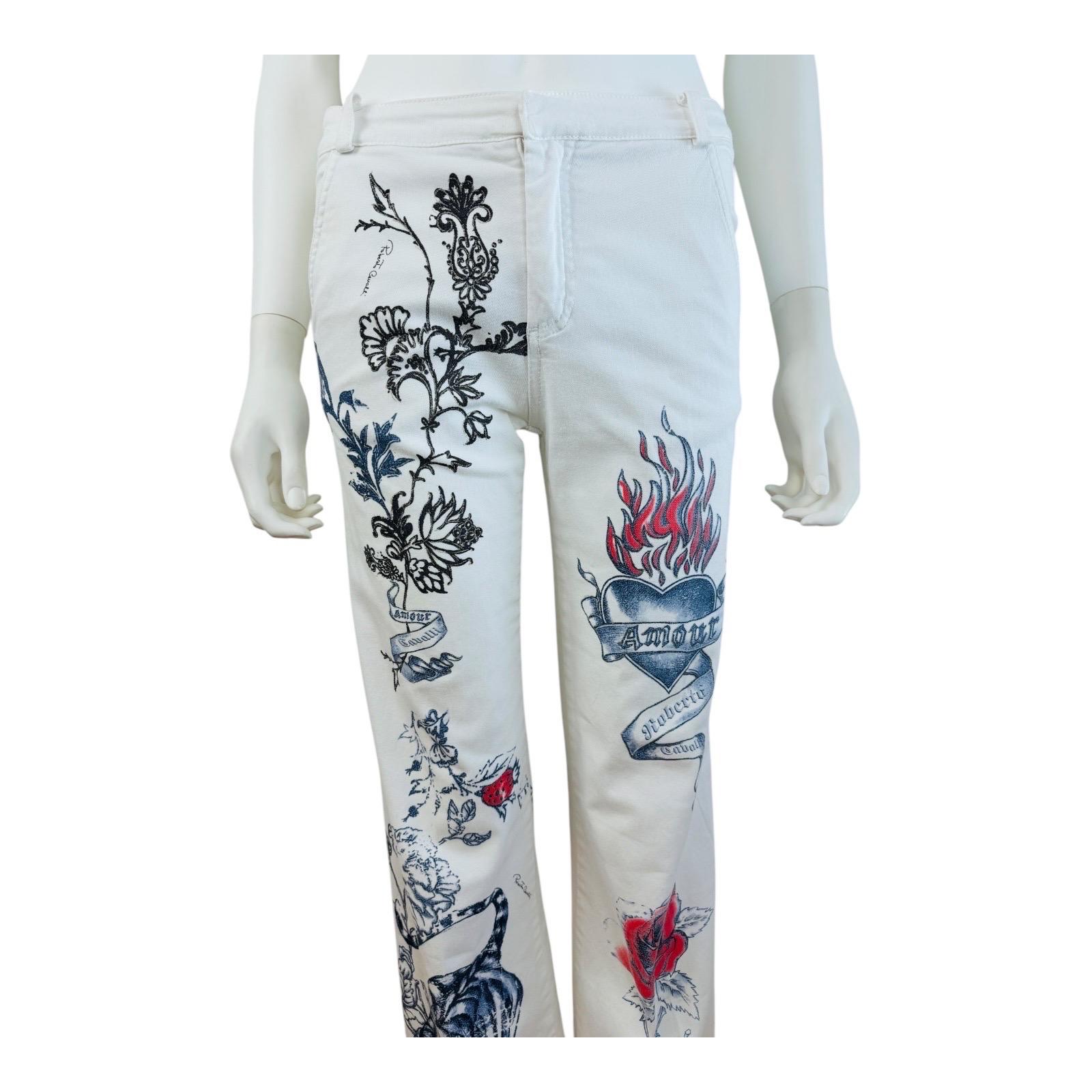 Vintage S/S 2003 Roberto Cavalli Tattoo Tiger Hearts Denim Jacket Jeans Pants 6