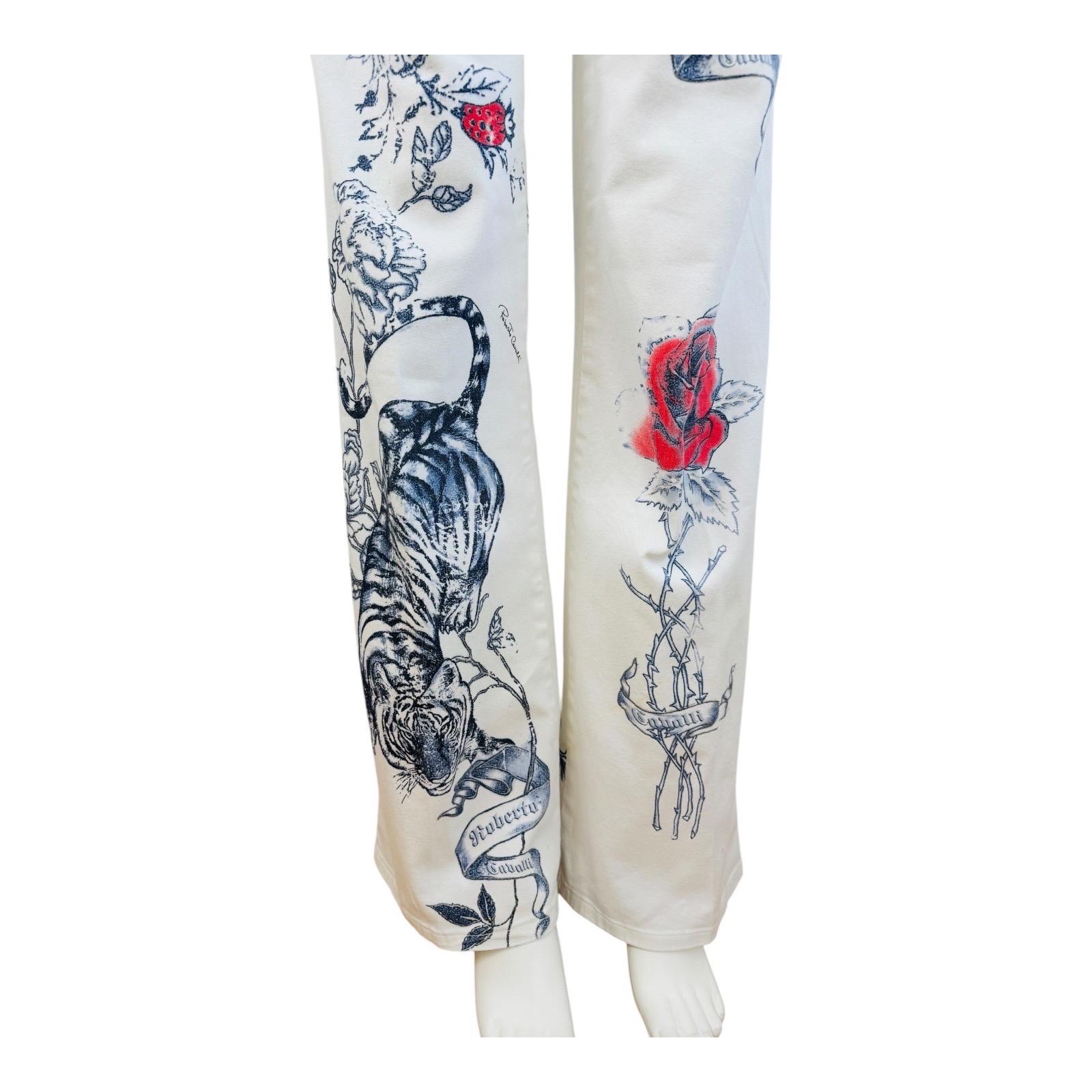 Vintage S/S 2003 Roberto Cavalli Tattoo Tiger Hearts Denim Jacket Jeans Pants 7