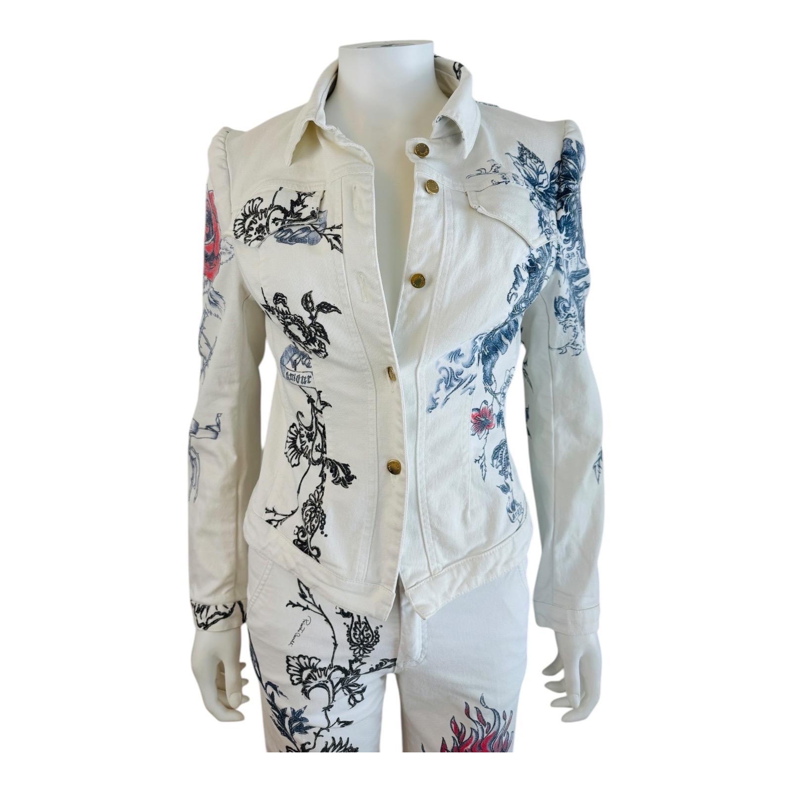 Gray Vintage S/S 2003 Roberto Cavalli Tattoo Tiger Hearts Denim Jacket Jeans Pants
