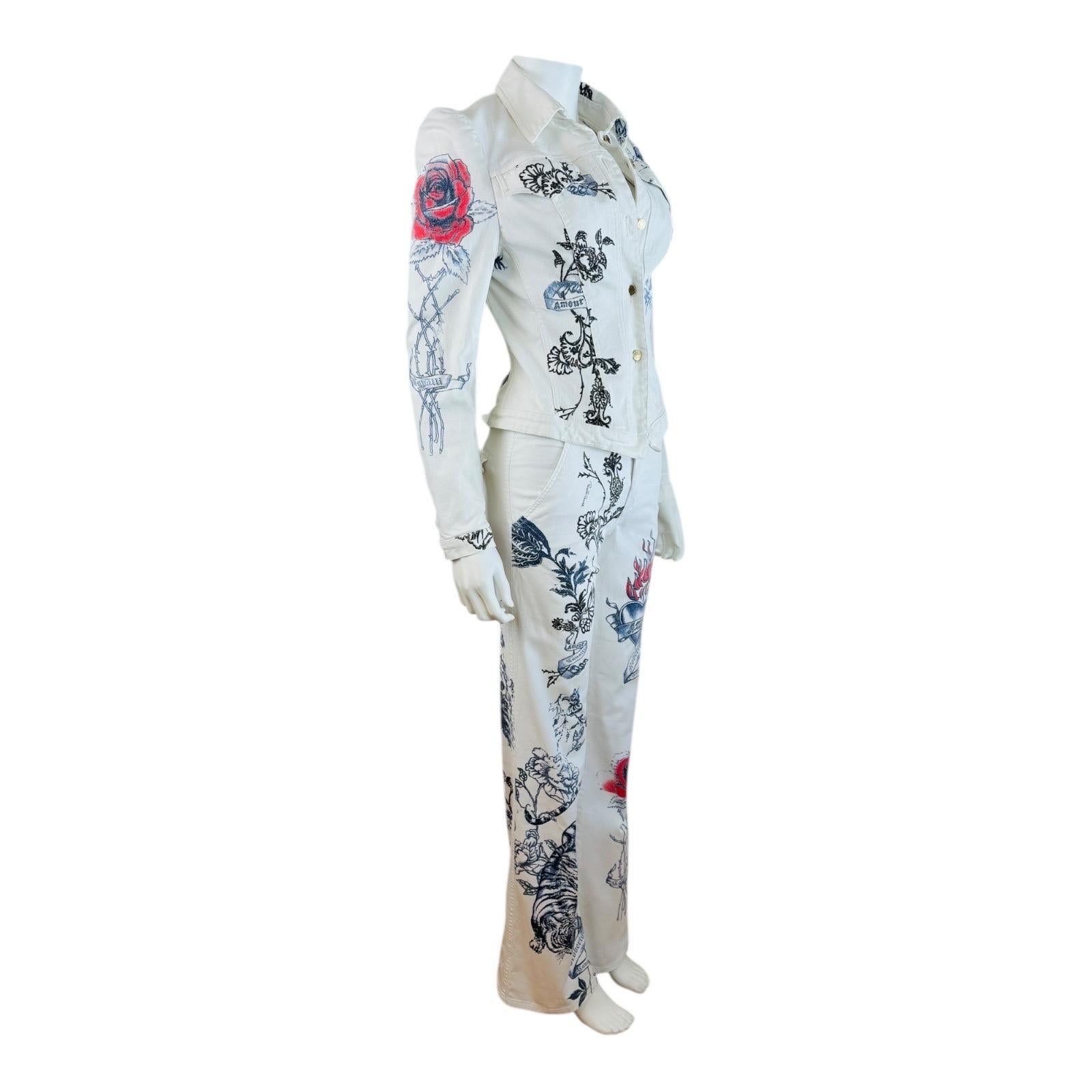 Vintage S/S 2003 Roberto Cavalli Tattoo Tiger Hearts Denim Jacket Jeans Pants 2