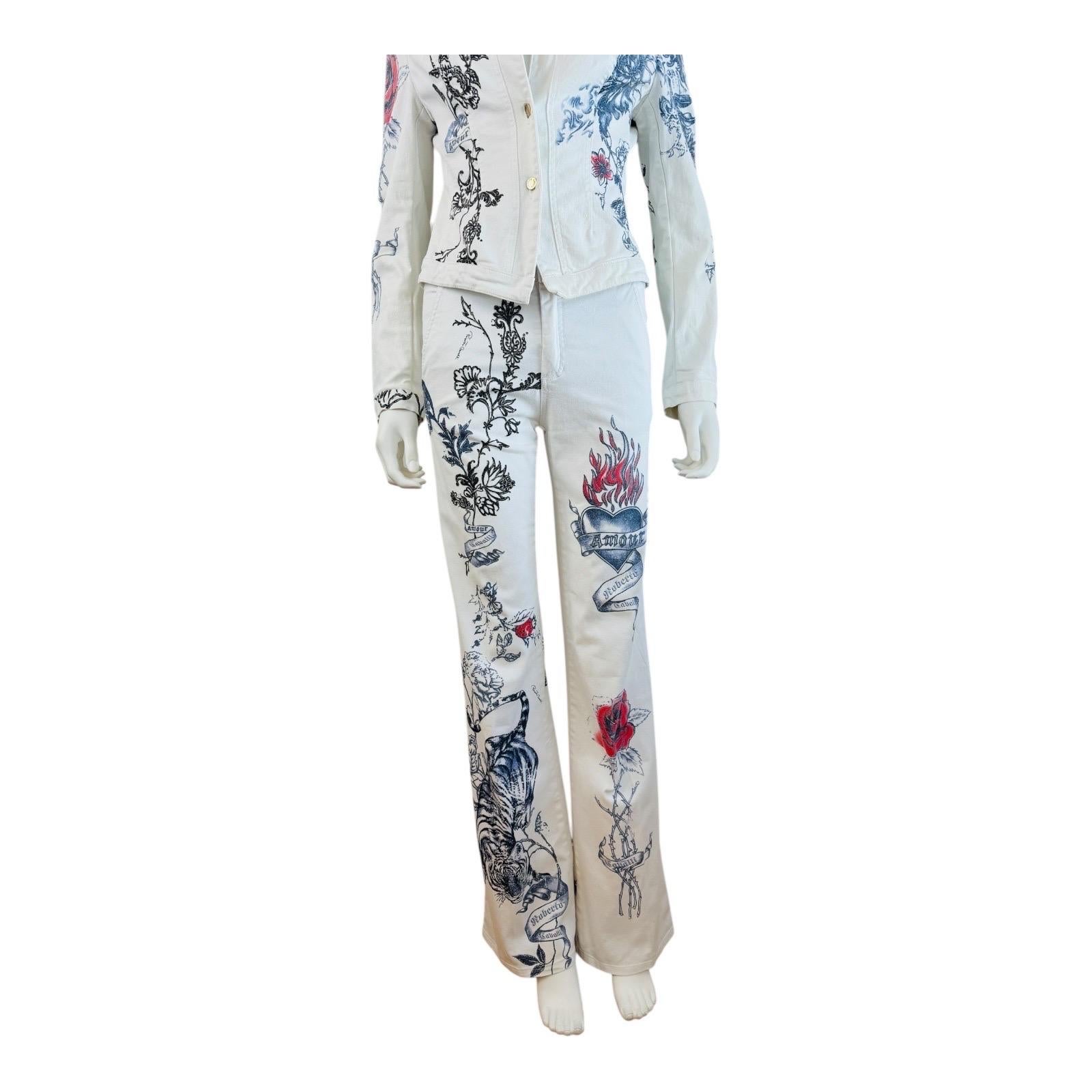 Vintage S/S 2003 Roberto Cavalli Tattoo Tiger Hearts Denim Jacket Jeans Pants 3
