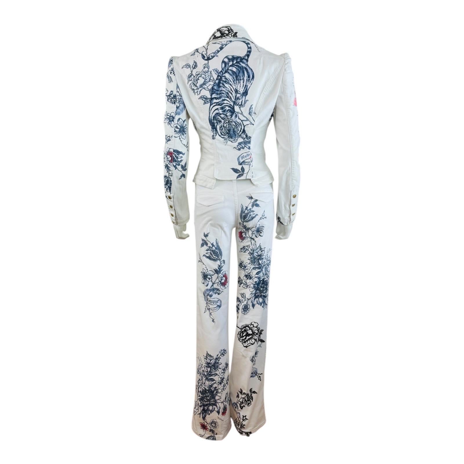 Vintage S/S 2003 Roberto Cavalli Tattoo Tiger Hearts Denim Jacket Jeans Pants 4