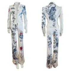 Vintage S/S 2003 Roberto Cavalli Tattoo Tiger Hearts Denim Jacket Jeans Pants
