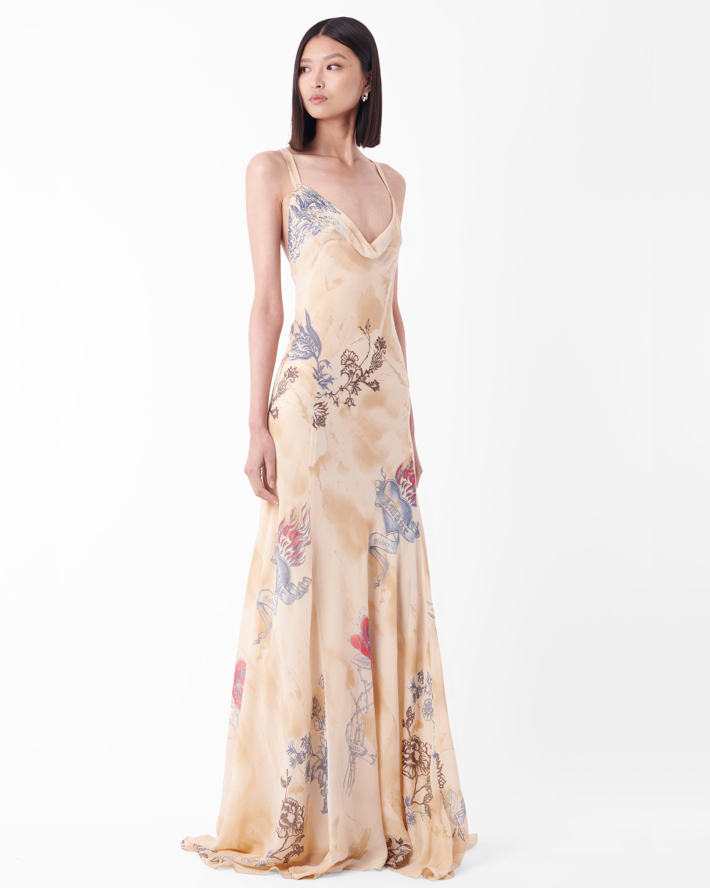 Vintage S/S 2003 Runway Tattoo Backless Silk Gown In Excellent Condition For Sale In London, GB