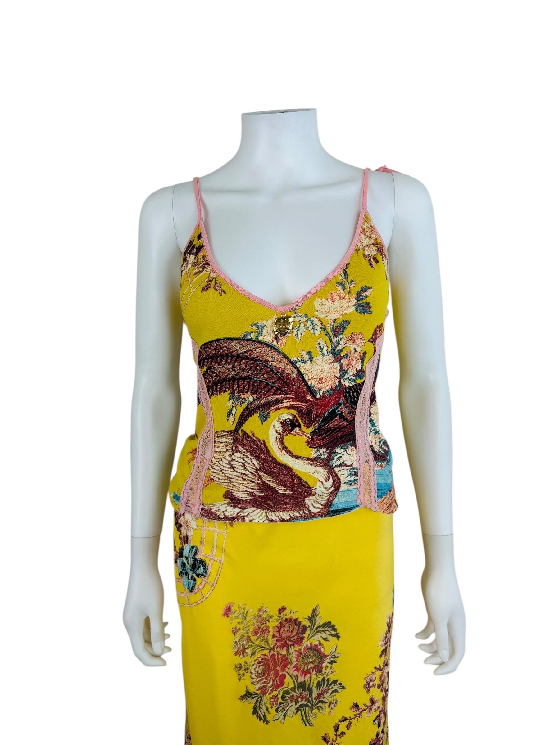 Conjunto de falda de seda con estampado floral de faisán Vintage S/S 2003 Y2K Roberto Cavalli Marrón en venta