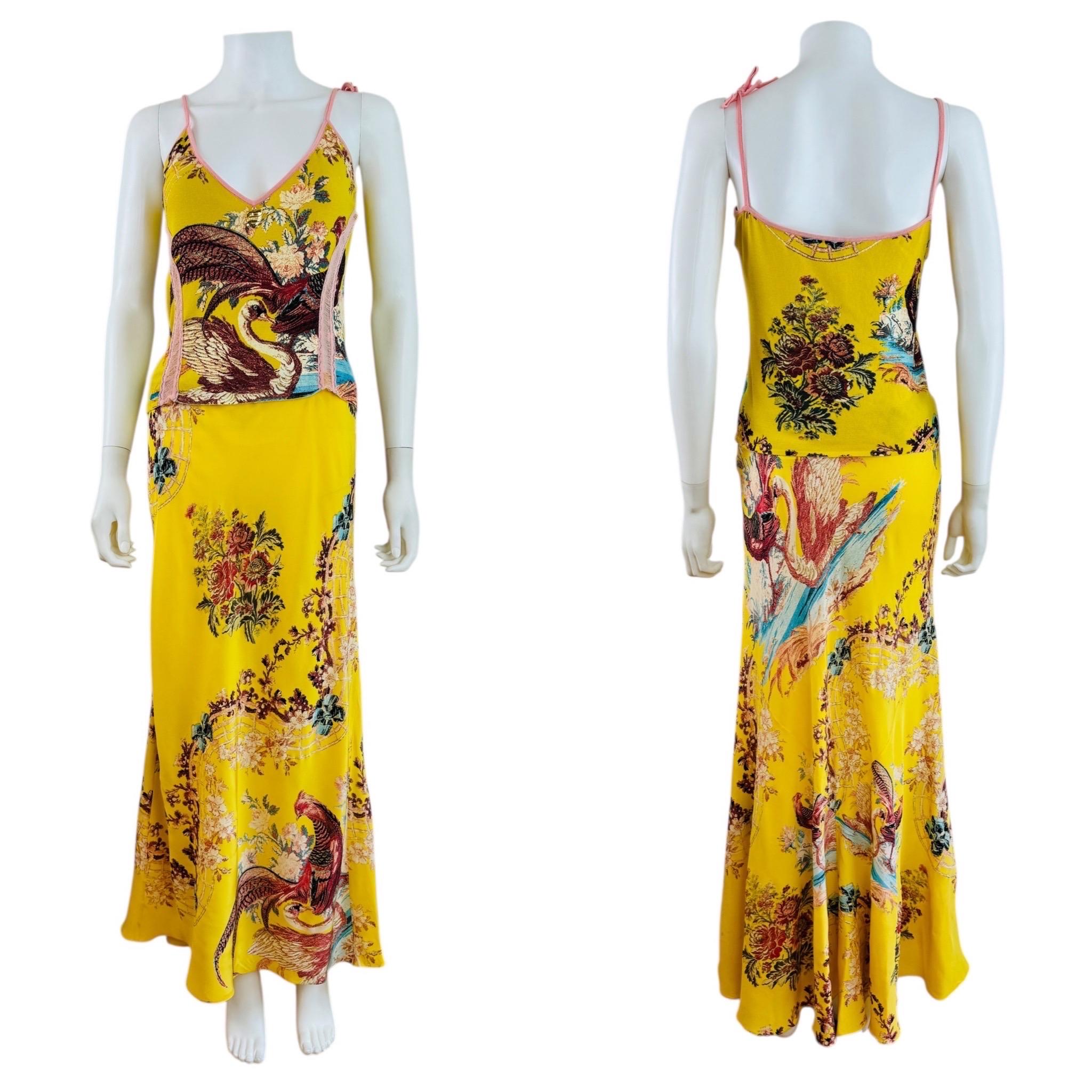 Conjunto de falda de seda con estampado floral de faisán Vintage S/S 2003 Y2K Roberto Cavalli en venta 4