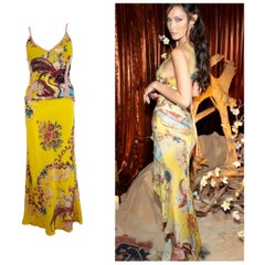 Vintage S/S 2003 Y2K Roberto Cavalli Pheasant Floral Print Top Silk Skirt Set