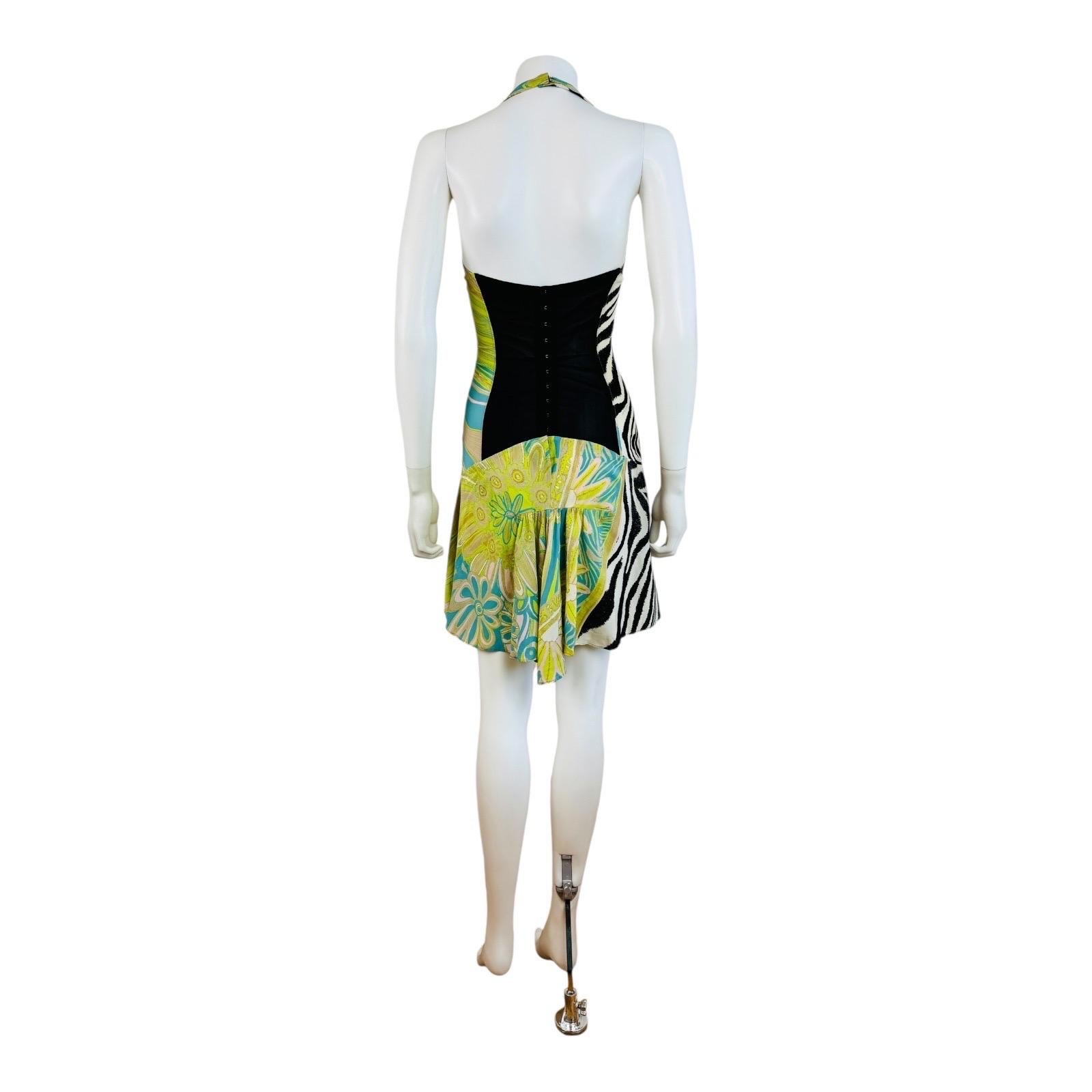 Vintage S/S 2004 Roberto Cavalli Corset Lace Up Halter Mini Dress Zebra Graphic 5