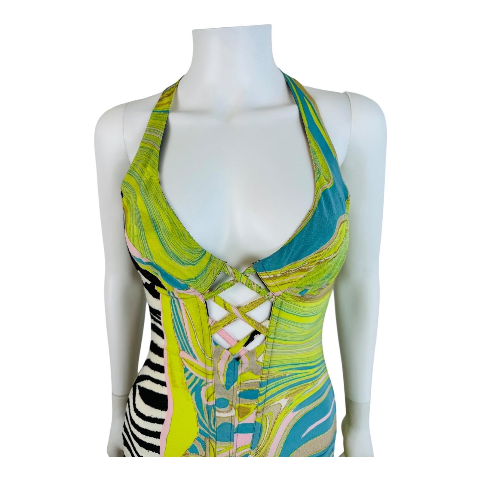 Beige Vintage S/S 2004 Roberto Cavalli Corset Lace Up Halter Mini Dress Zebra Graphic