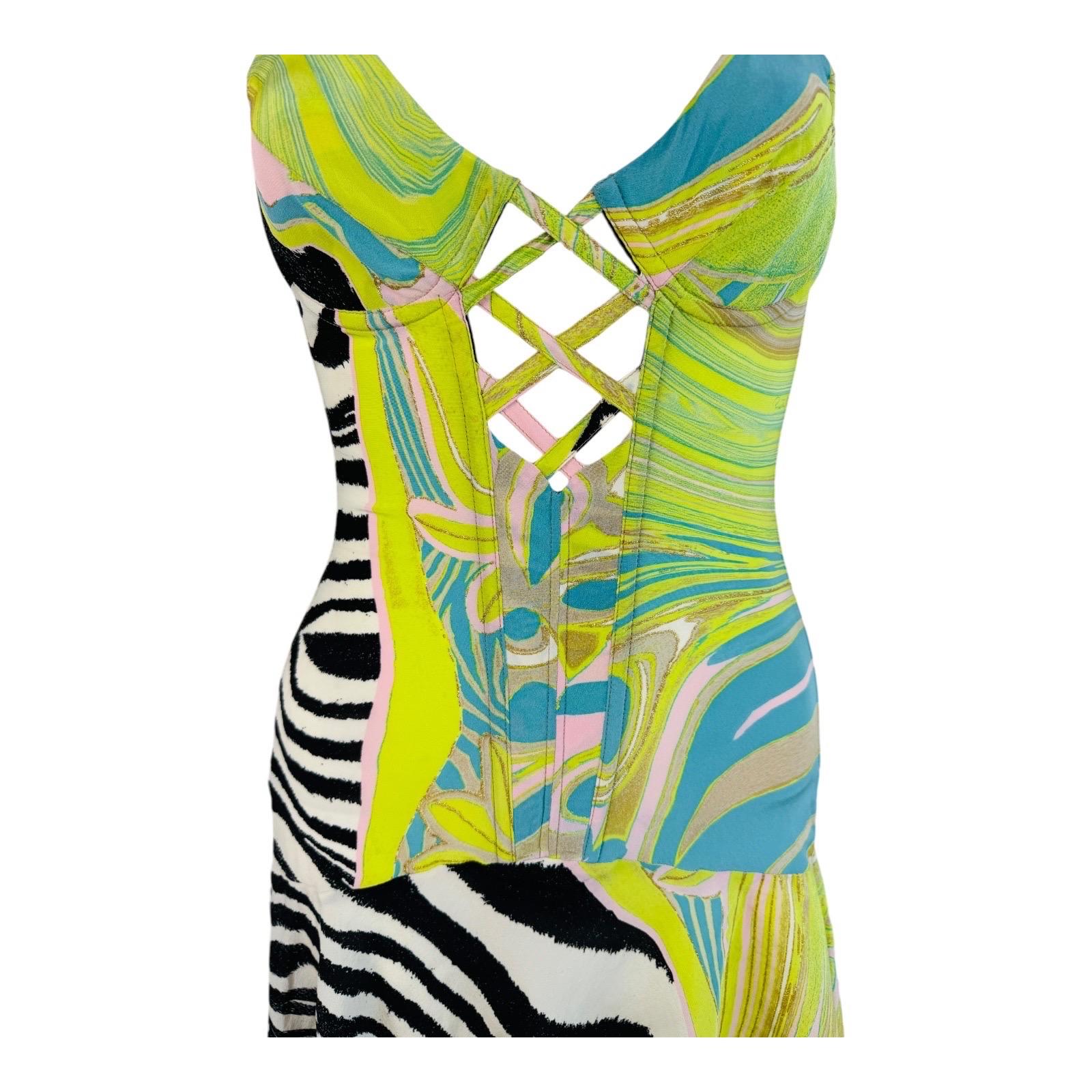 Vintage S/S 2004 Roberto Cavalli Corset Lace Up Halter Mini Dress Zebra Graphic In Excellent Condition In Denver, CO