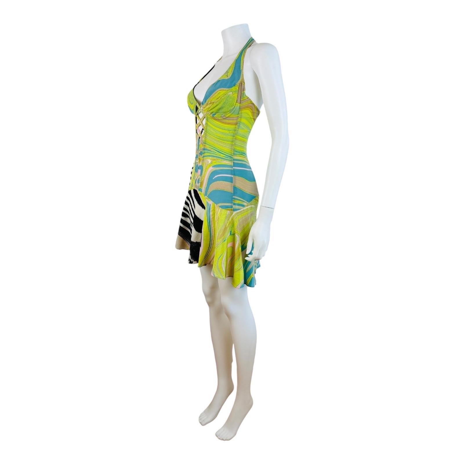 Vintage S/S 2004 Roberto Cavalli Corset Lace Up Halter Mini Dress Zebra Graphic 1