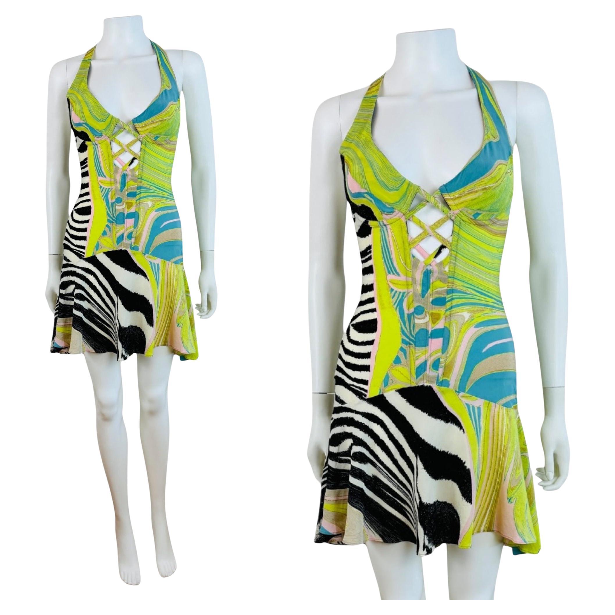 Vintage S/S 2004 Roberto Cavalli Corset Lace Up Halter Mini Dress Zebra Graphic