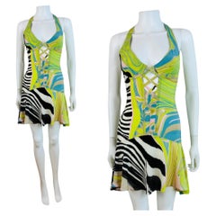 Vintage S/S 2004 Roberto Cavalli Corset Lace Up Halter Mini Dress Zebra Graphic