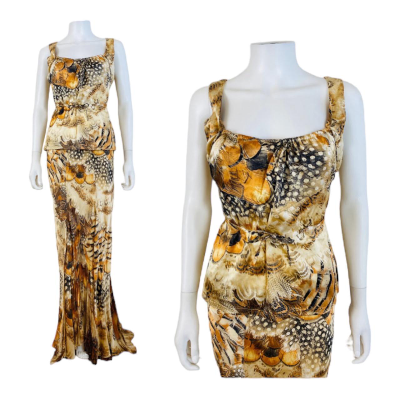 Vintage S/S 2004 Roberto Cavalli Feather Print Silk Top + Skirt Set In Excellent Condition For Sale In Denver, CO