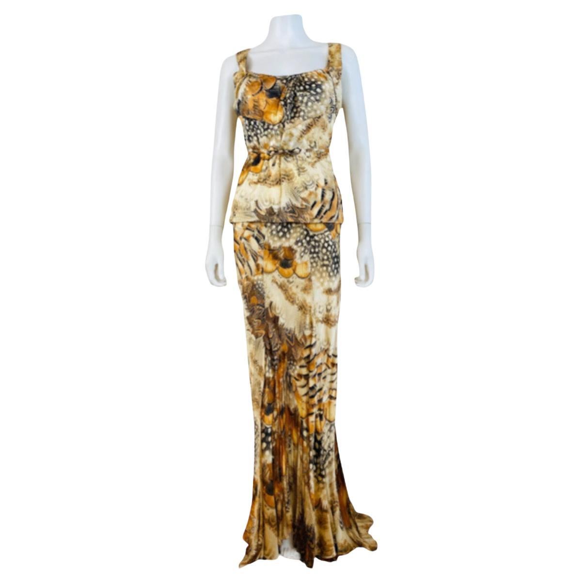 Ensemble jupe et haut vintage imprimé plumes Roberto Cavalli, P/E 2004 Excellent état - En vente à Denver, CO