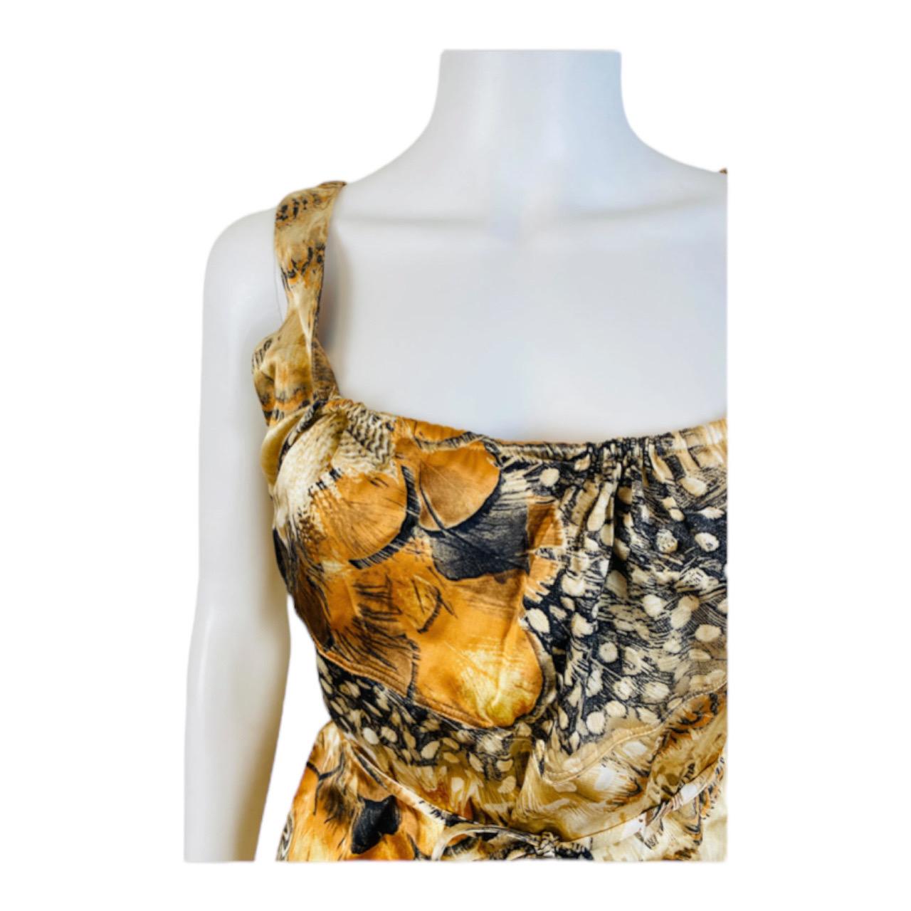 Vintage S/S 2004 Roberto Cavalli Feather Print Silk Top + Skirt Set For Sale 4