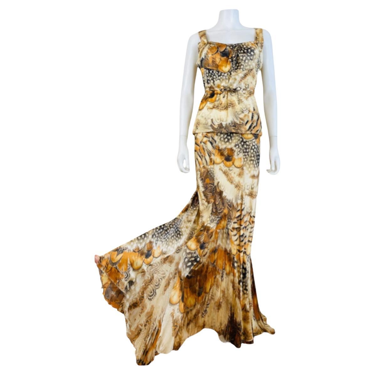 Vintage F/S 2004 Roberto Cavalli Vintage Top + Rock Set aus Seidenoberteil mit Federdruck und Rock