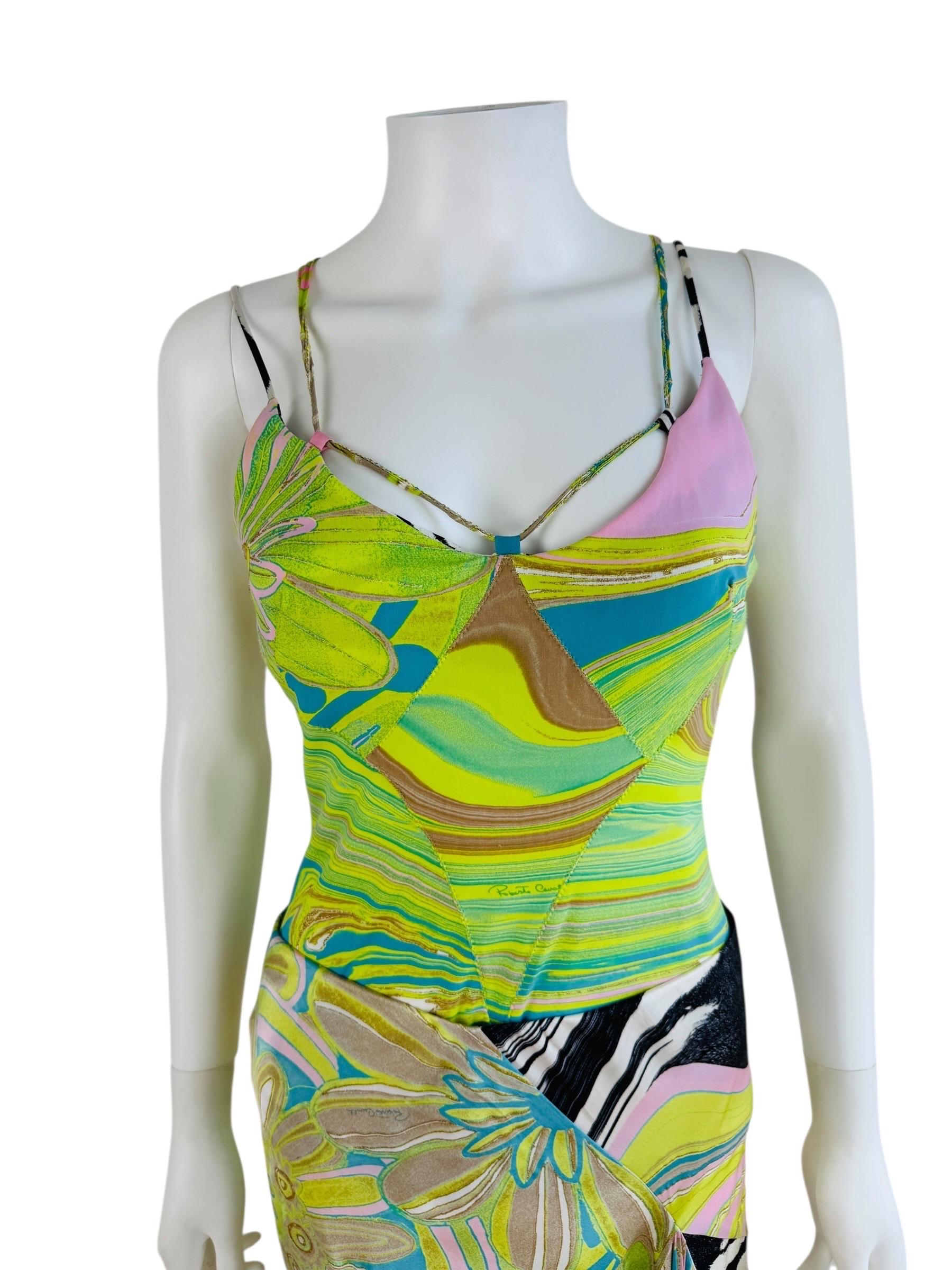 Beige Vintage S/S 2004 Roberto Cavalli Geometrical Green Zebra Top Skirt Midi en vente