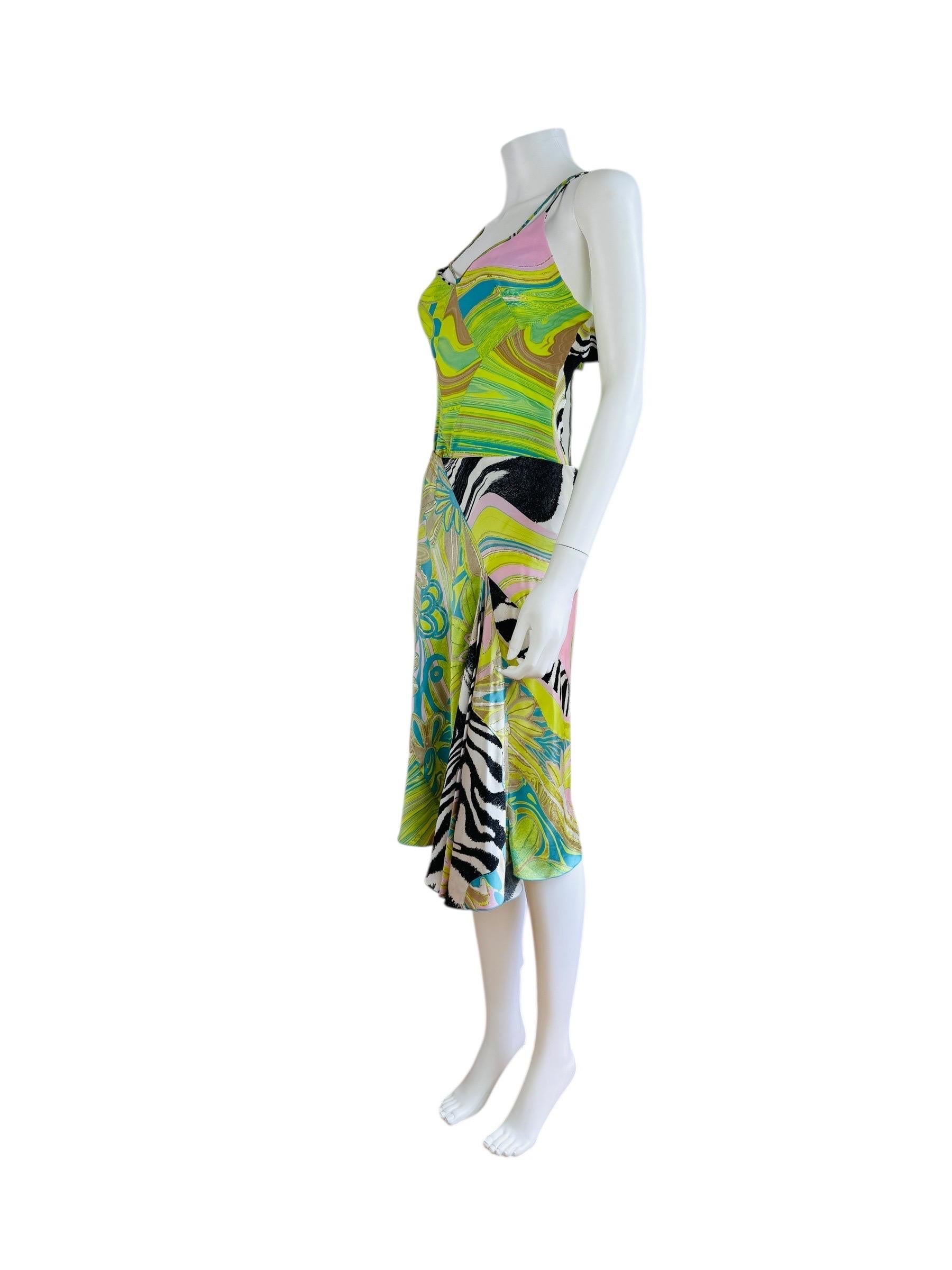Vintage S/S 2004 Roberto Cavalli Geometrical Green Zebra Top Skirt Midi Unisexe en vente