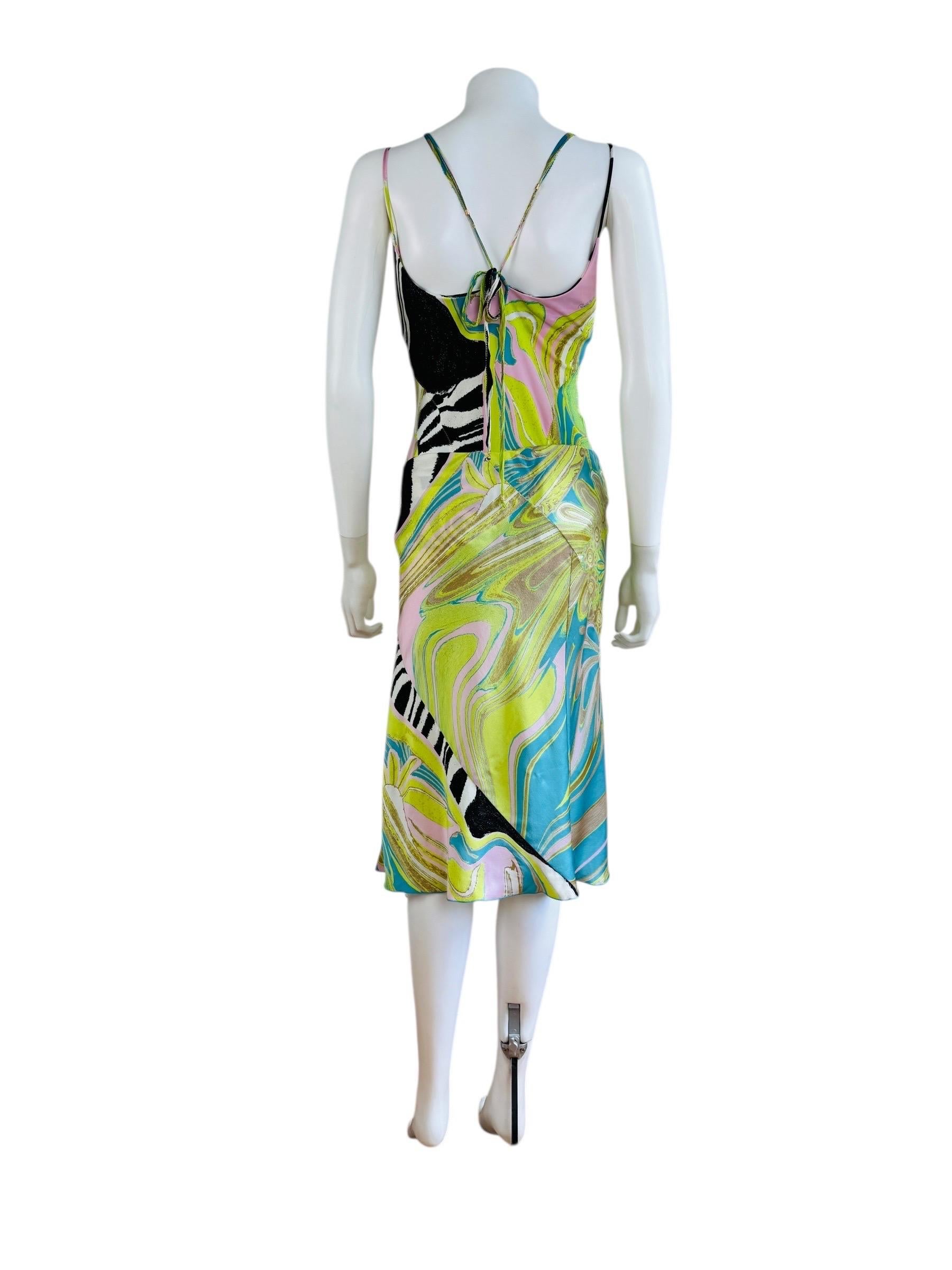 Vintage S/S 2004 Roberto Cavalli Geometrical Green Zebra Top Skirt Midi en vente 2