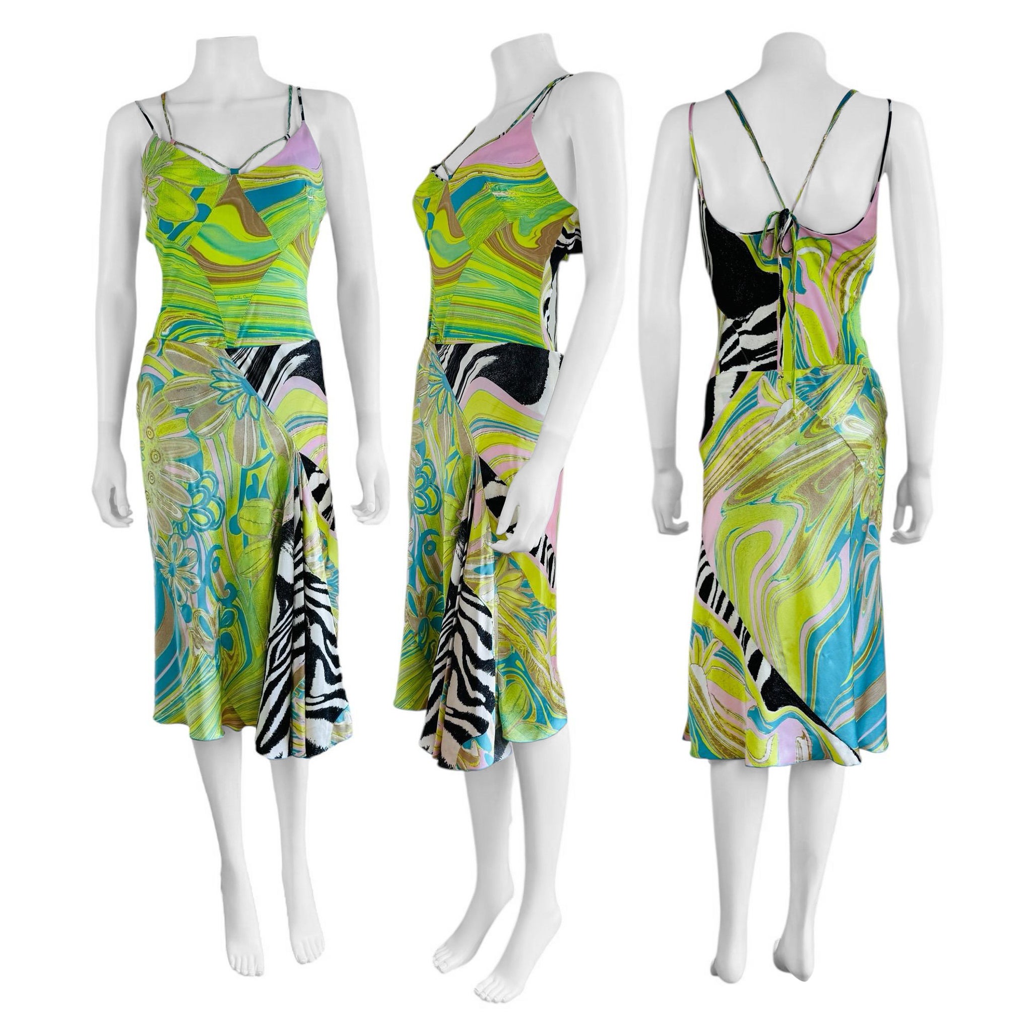 Vintage S/S 2004 Roberto Cavalli Geometrical Green Zebra Top Skirt Midi en vente