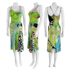 Vintage S/S 2004 Roberto Cavalli Geometrical Green Zebra Top Skirt Midi