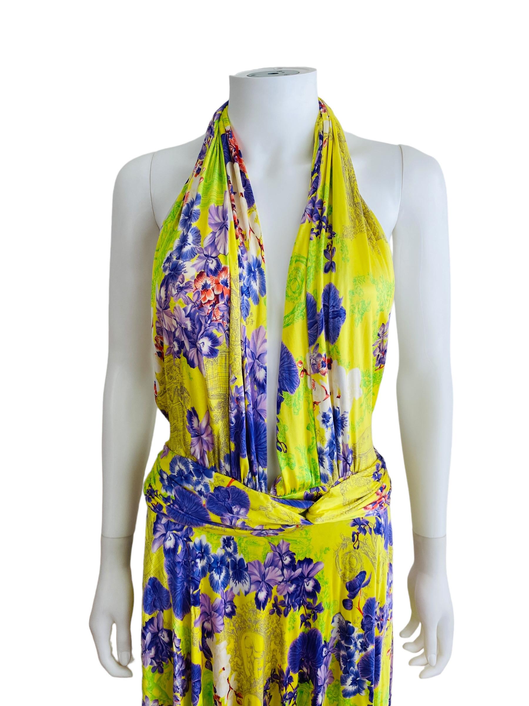 Vintage S/S 2004 Versace Dress Bright Yellow + Purple Orchid Floral Runway For Sale 6