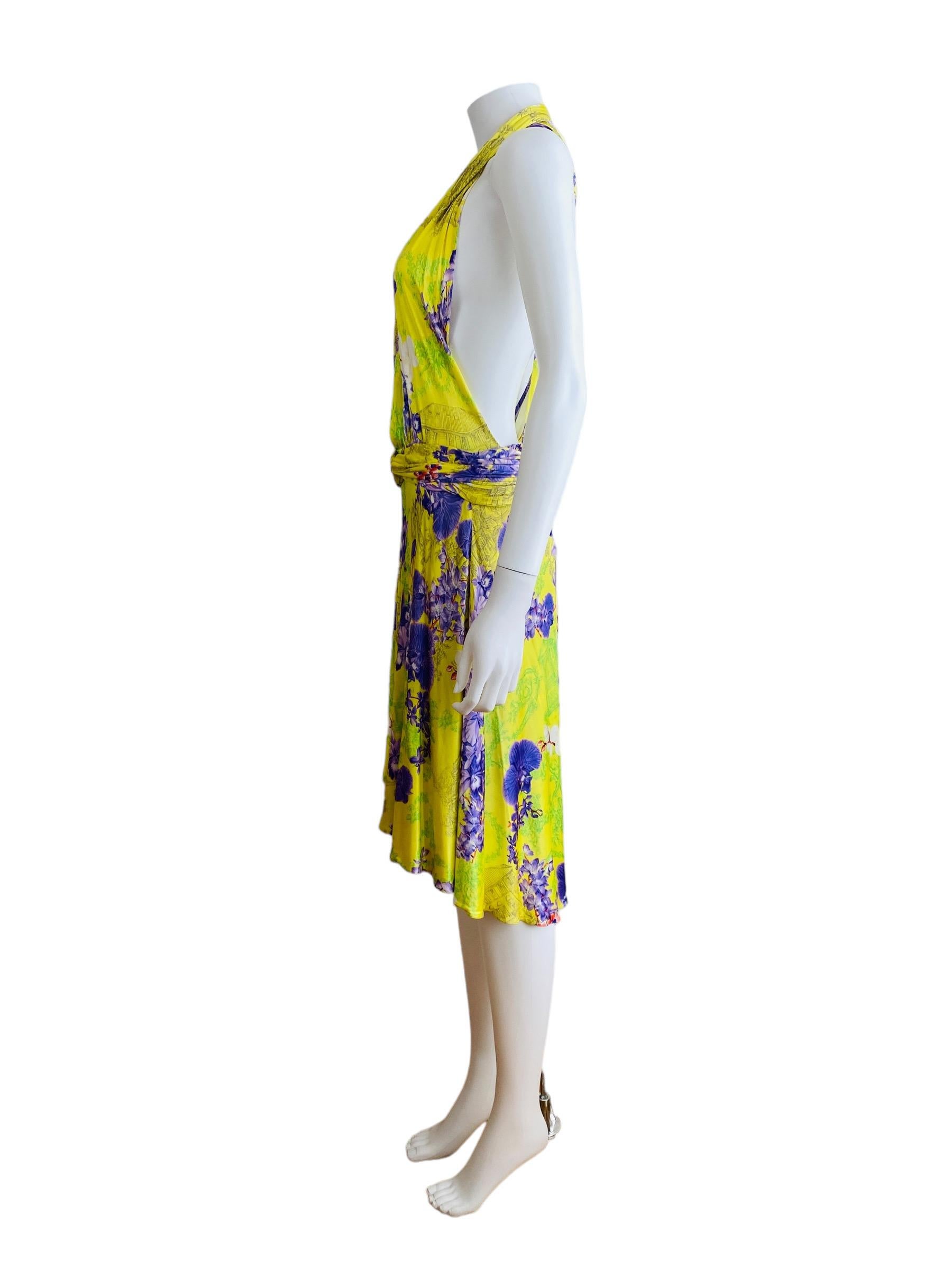 Vintage S/S 2004 Versace Dress Bright Yellow + Purple Orchid Floral Runway For Sale 7