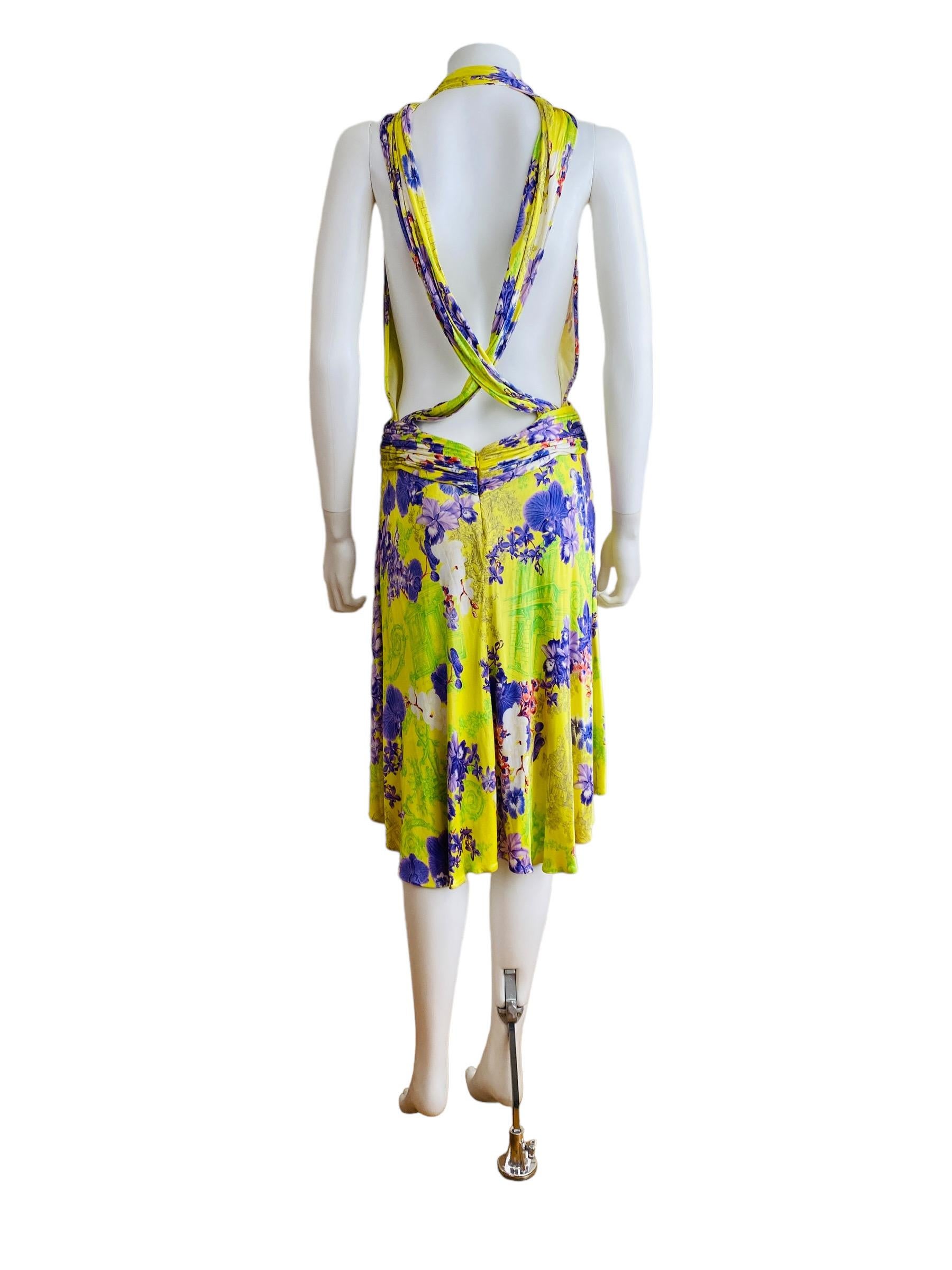 Vintage S/S 2004 Versace Dress Bright Yellow + Purple Orchid Floral Runway For Sale 8