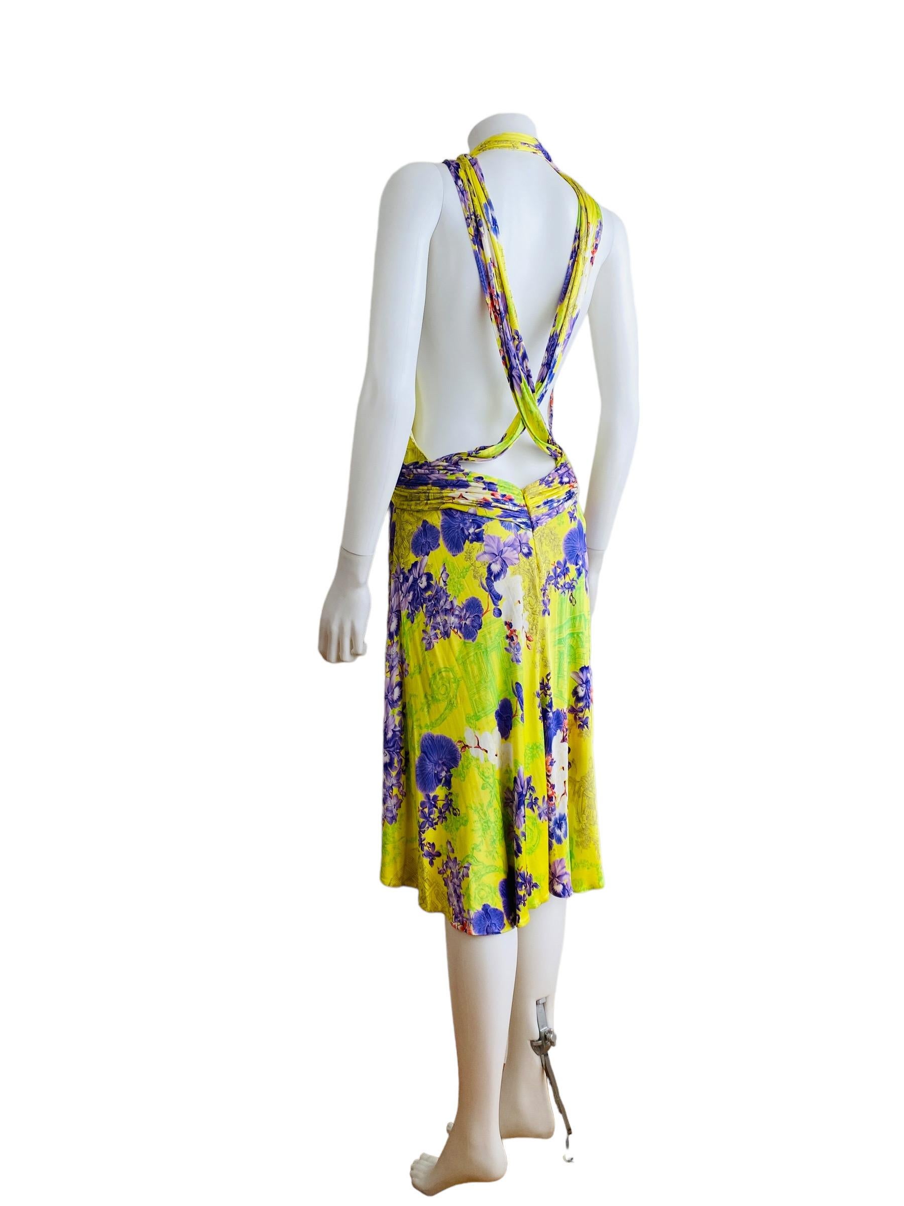 Vintage S/S 2004 Versace Dress Bright Yellow + Purple Orchid Floral Runway For Sale 9