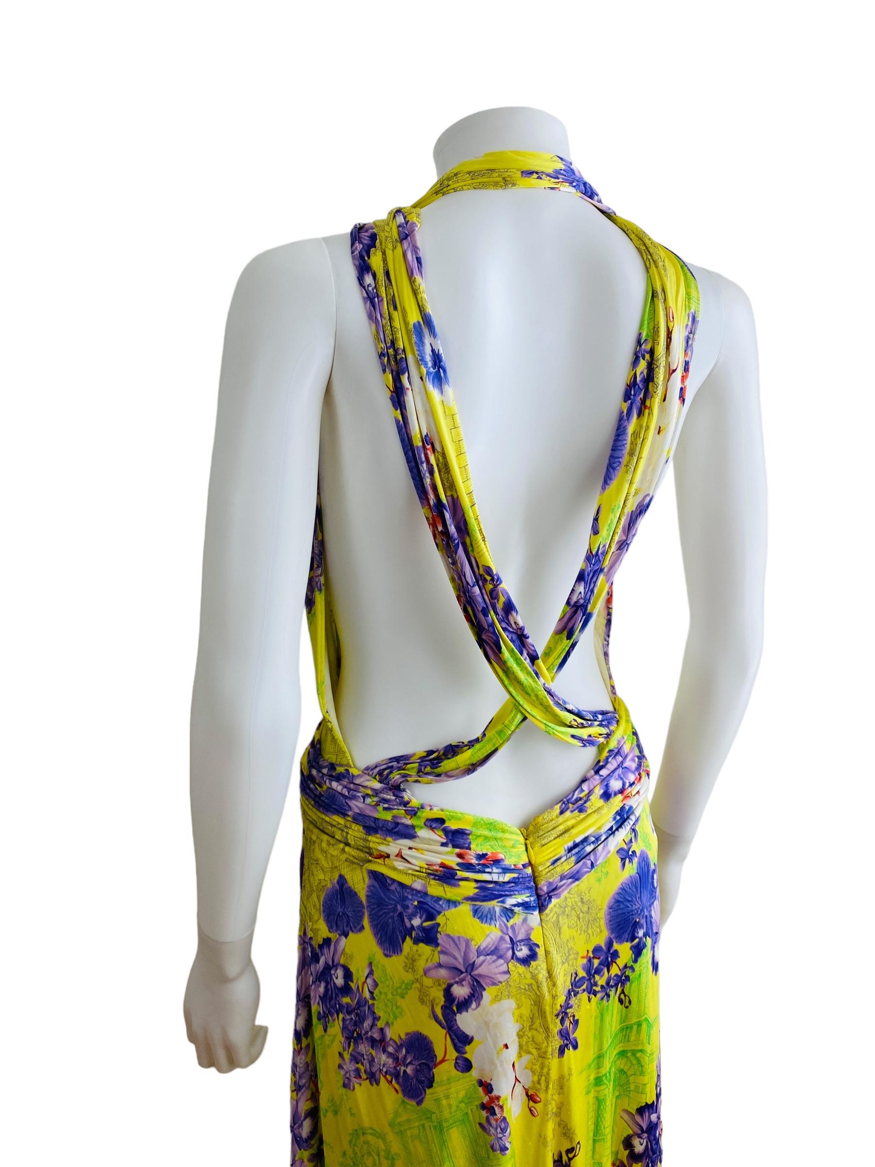Vintage S/S 2004 Versace Dress Bright Yellow + Purple Orchid Floral Runway For Sale 10