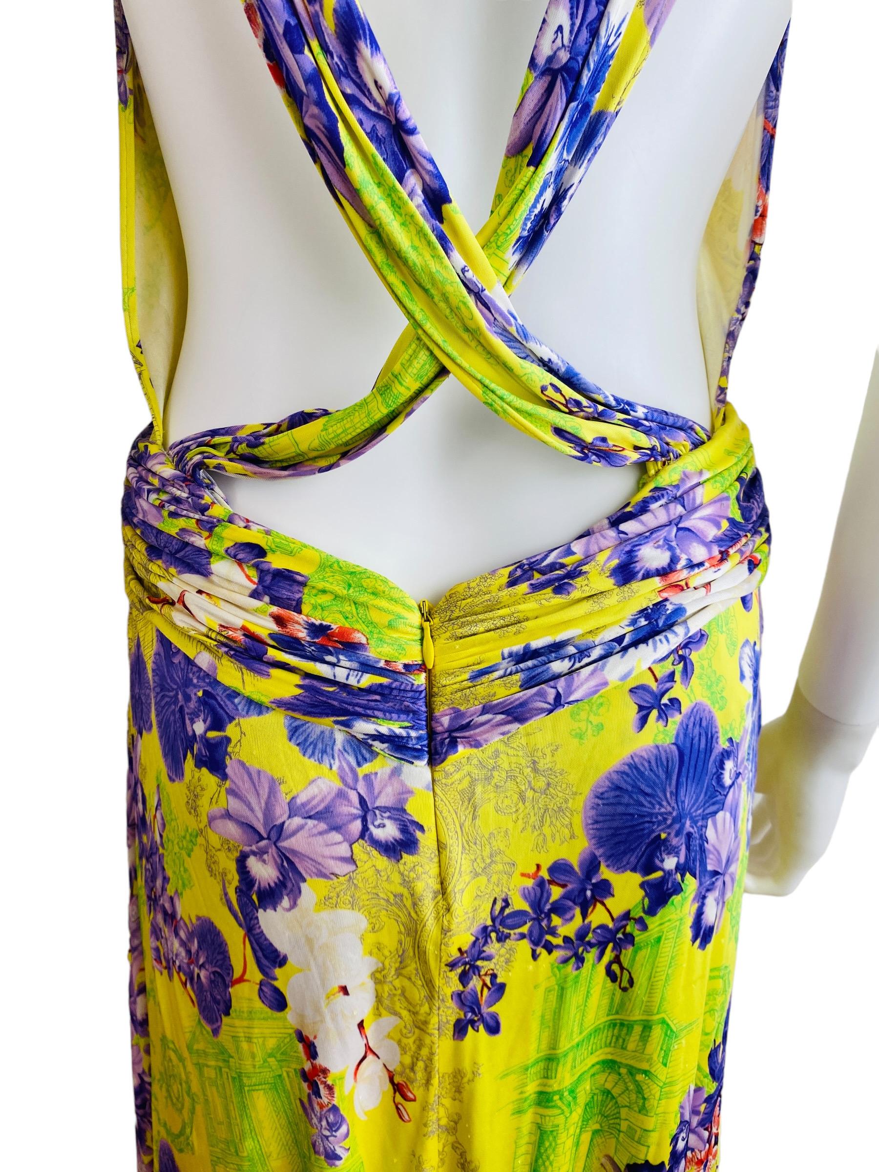 Vintage S/S 2004 Versace Dress Bright Yellow + Purple Orchid Floral Runway For Sale 11