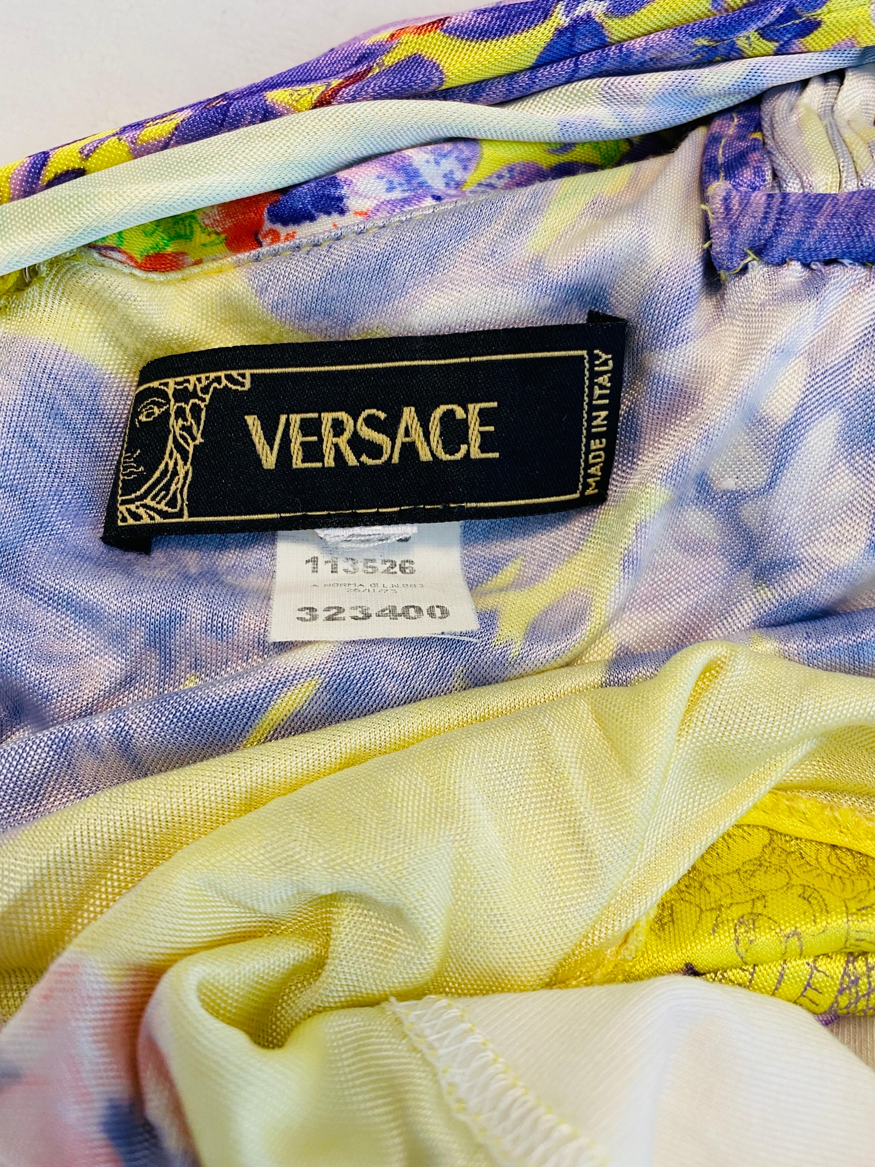 Vintage S/S 2004 Versace Dress Bright Yellow + Purple Orchid Floral Runway For Sale 12