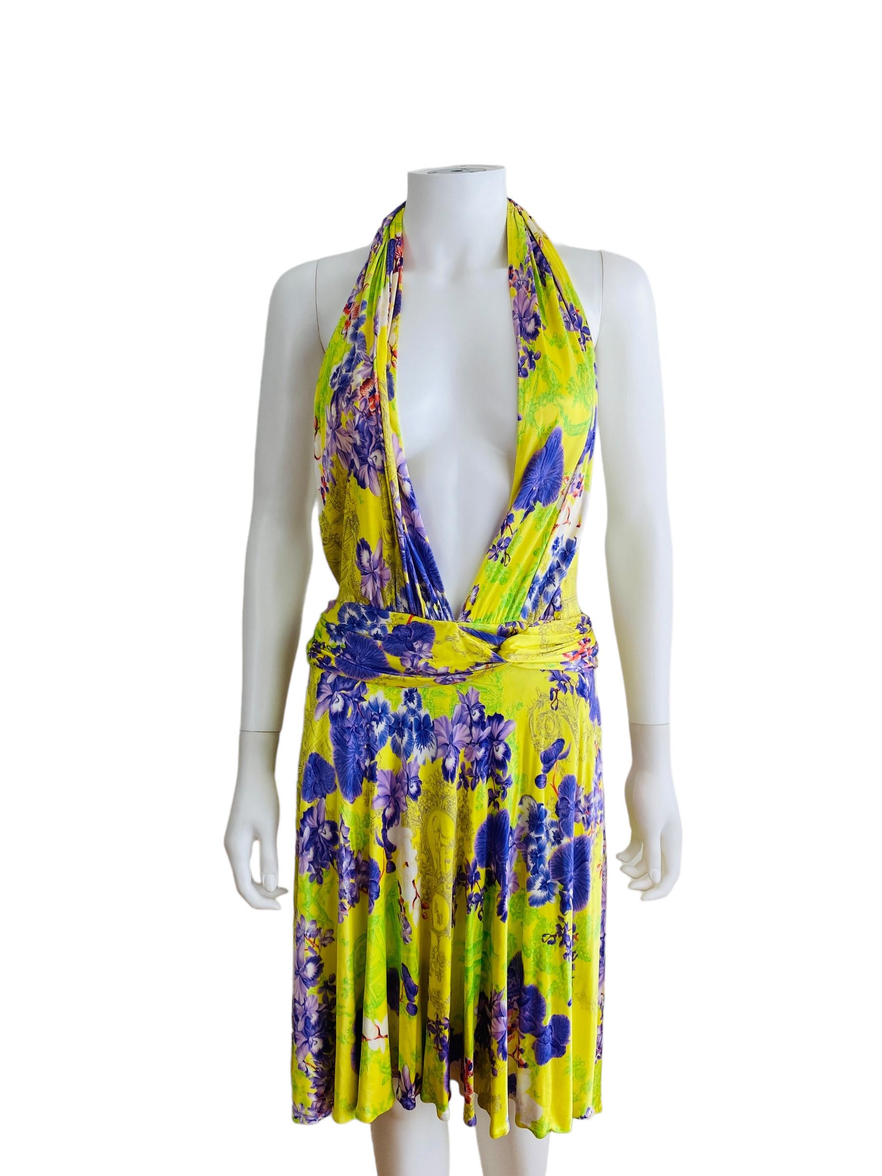 Vintage S/S 2004 Versace Dress Bright Yellow + Purple Orchid Floral Runway In Good Condition For Sale In Denver, CO