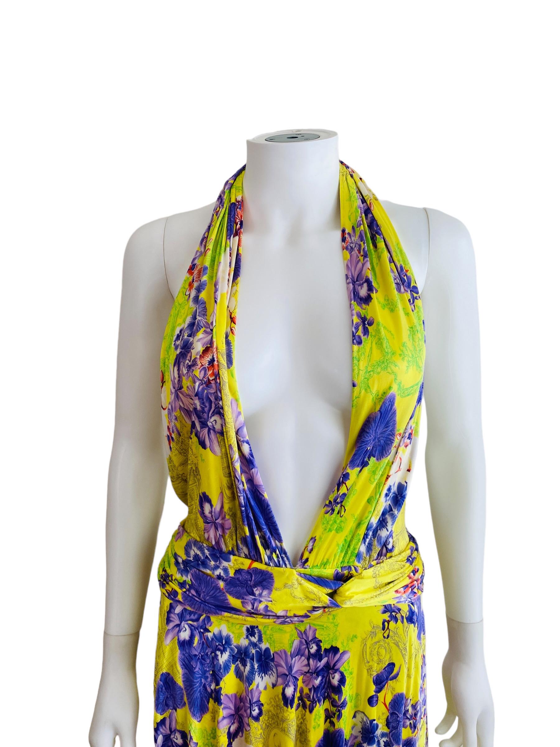 Women's Vintage S/S 2004 Versace Dress Bright Yellow + Purple Orchid Floral Runway For Sale