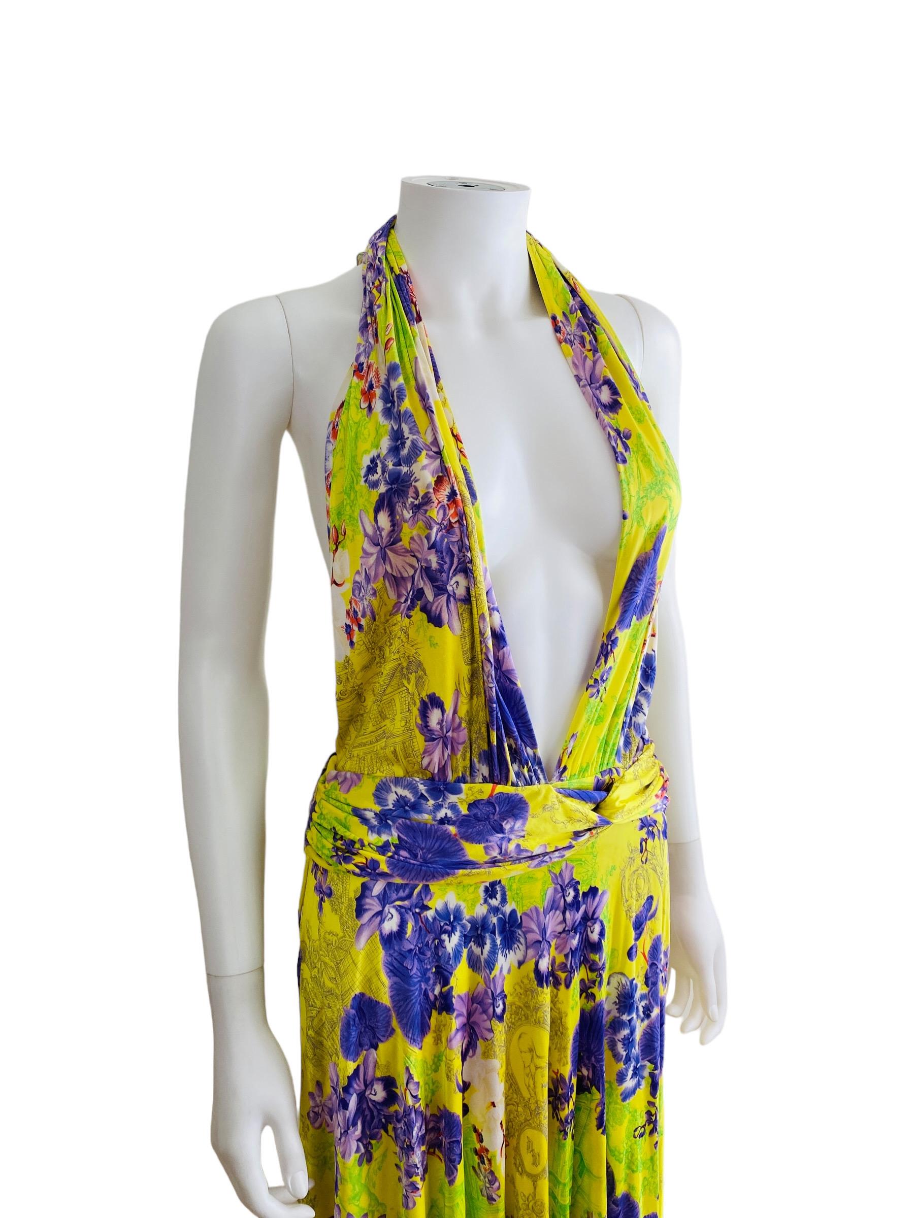 Vintage S/S 2004 Versace Dress Bright Yellow + Purple Orchid Floral Runway For Sale 1