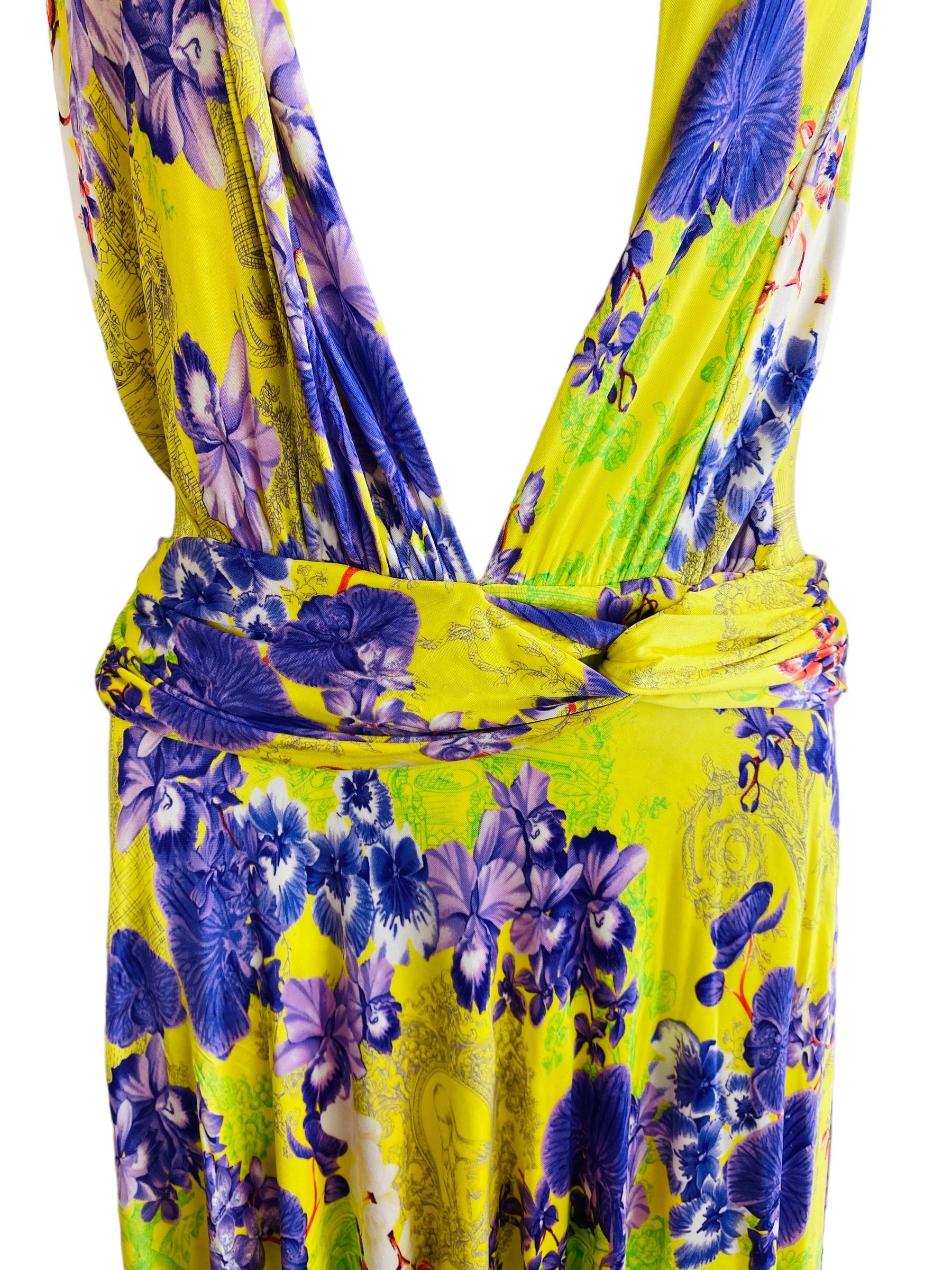 Vintage S/S 2004 Versace Dress Bright Yellow + Purple Orchid Floral Runway For Sale 2