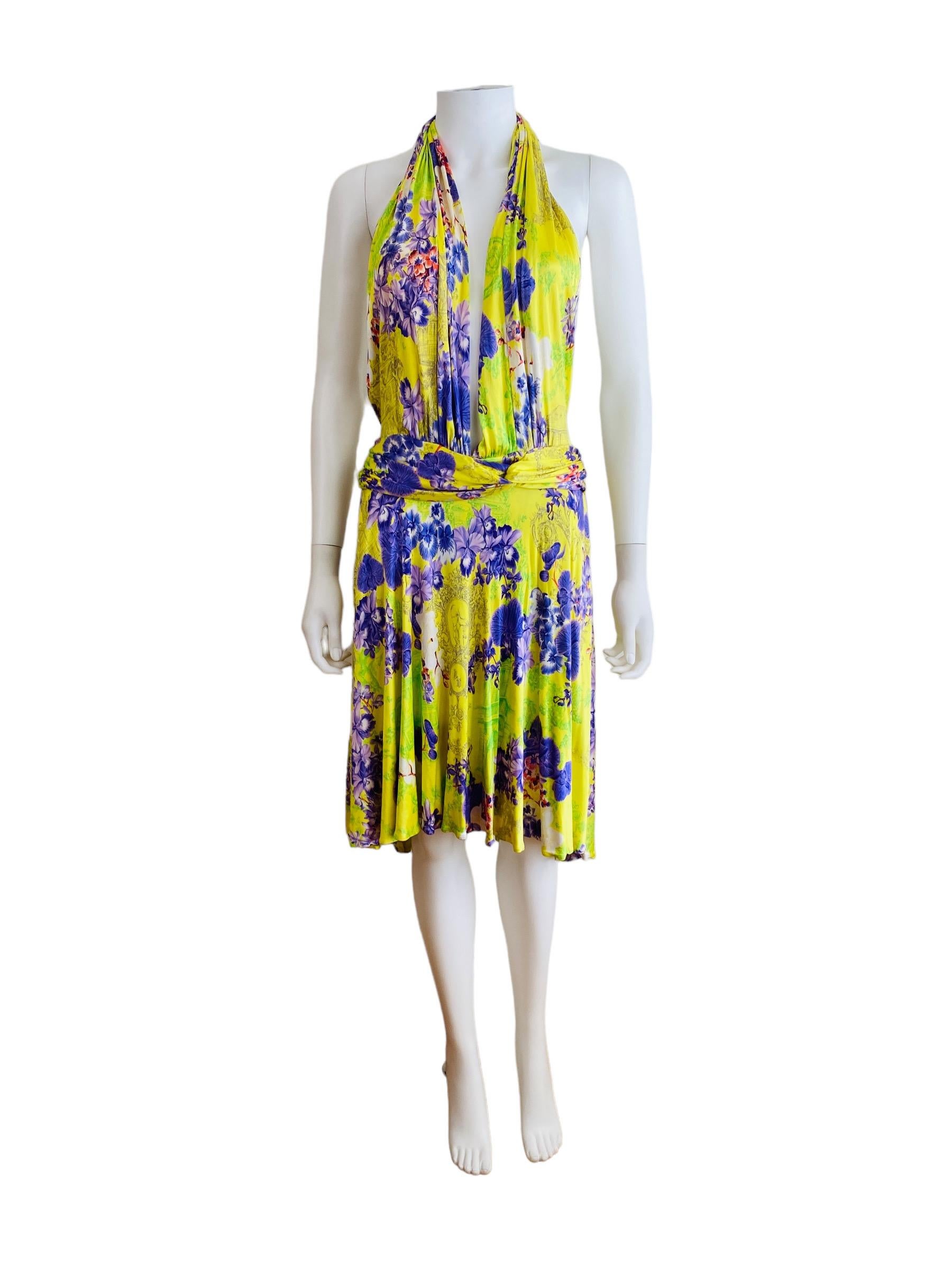 Vintage S/S 2004 Versace Dress Bright Yellow + Purple Orchid Floral Runway For Sale 3