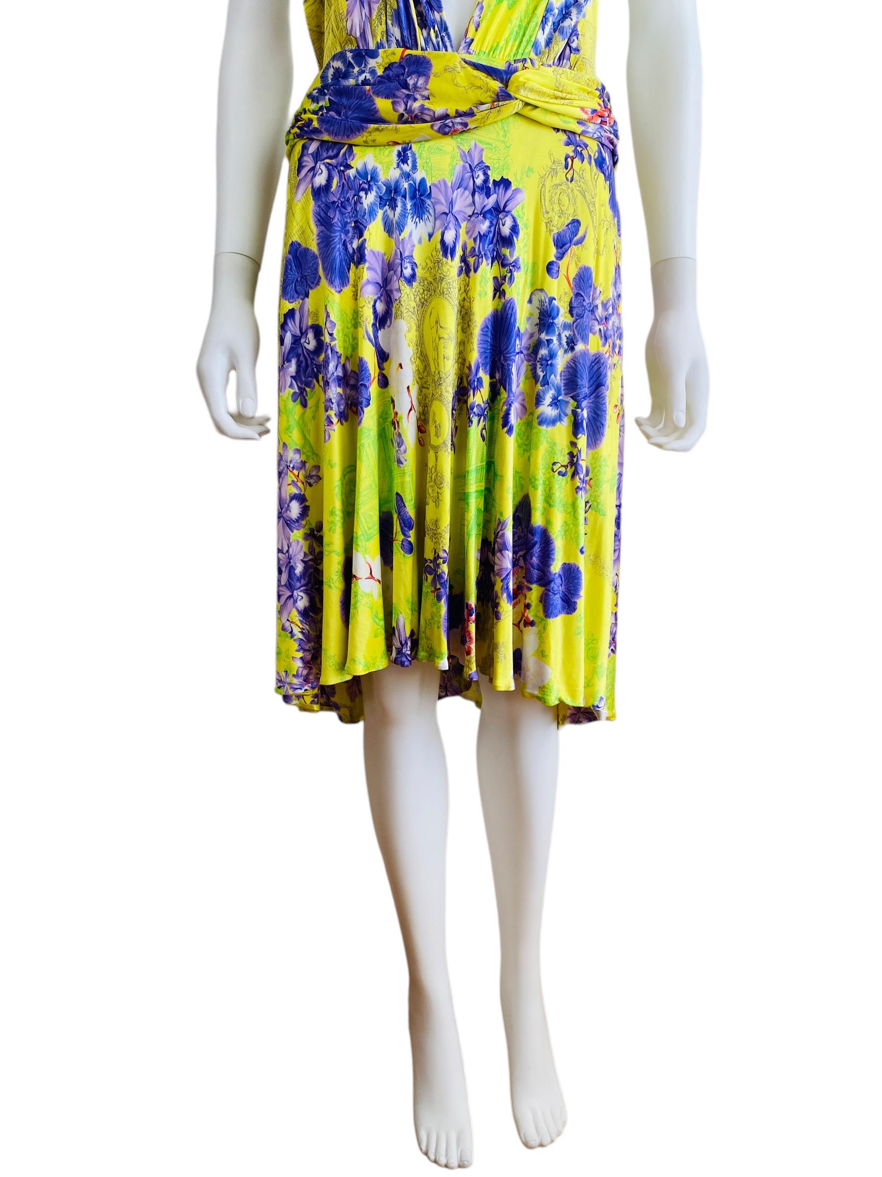 Vintage S/S 2004 Versace Dress Bright Yellow + Purple Orchid Floral Runway For Sale 4