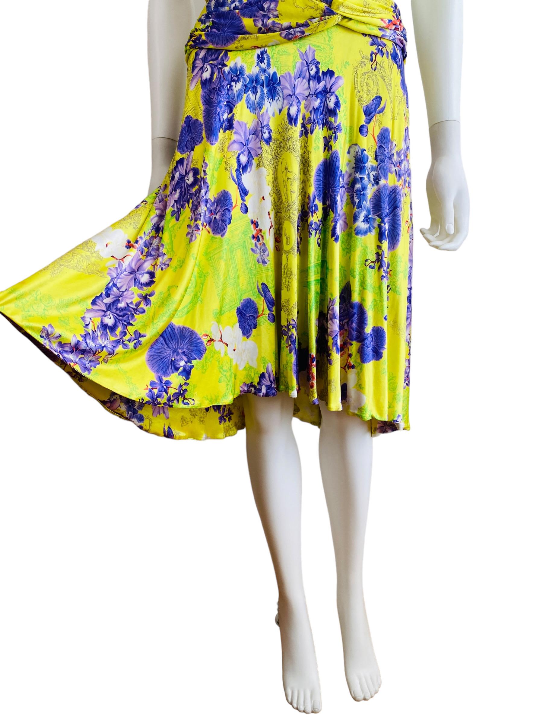 Vintage S/S 2004 Versace Dress Bright Yellow + Purple Orchid Floral Runway For Sale 5
