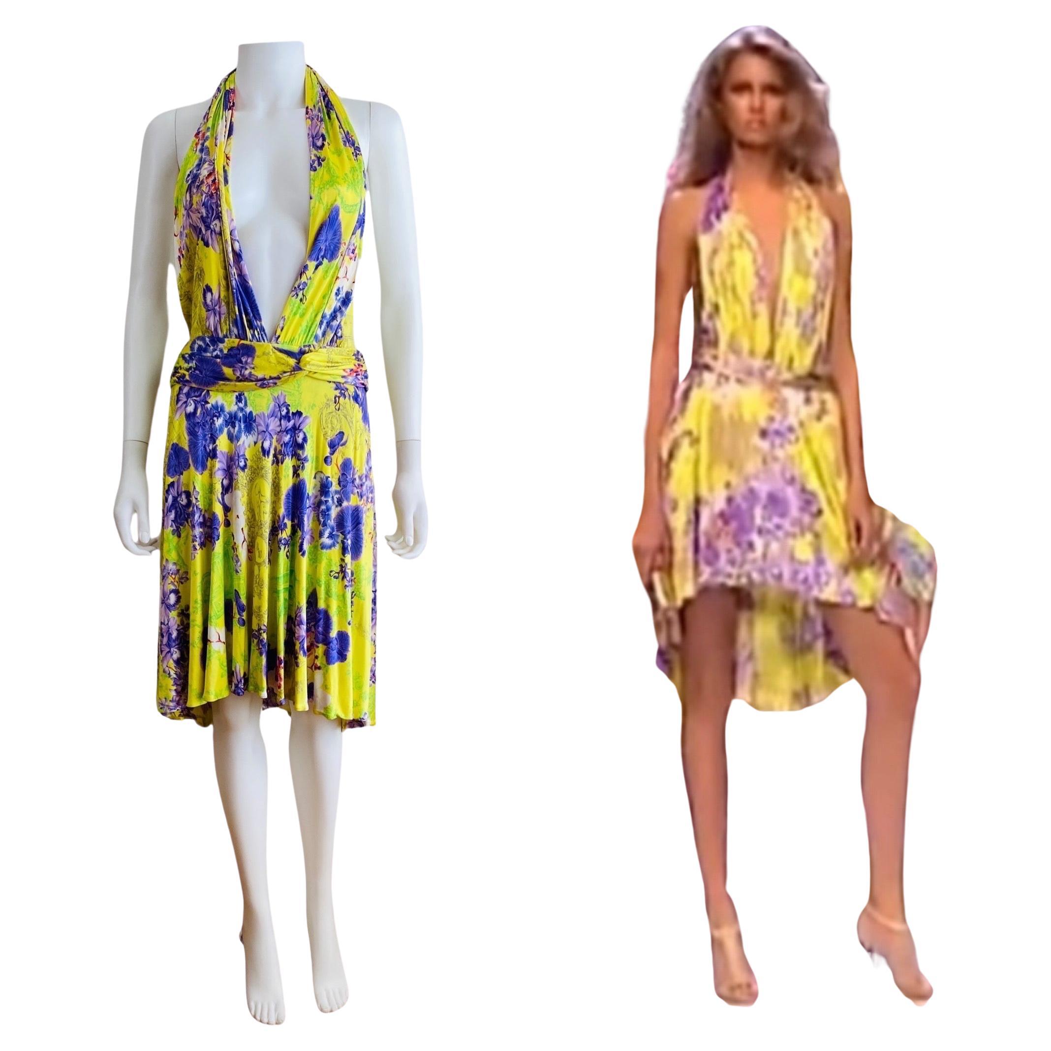 Vintage S/S 2004 Versace Dress Bright Yellow + Purple Orchid Floral Runway For Sale