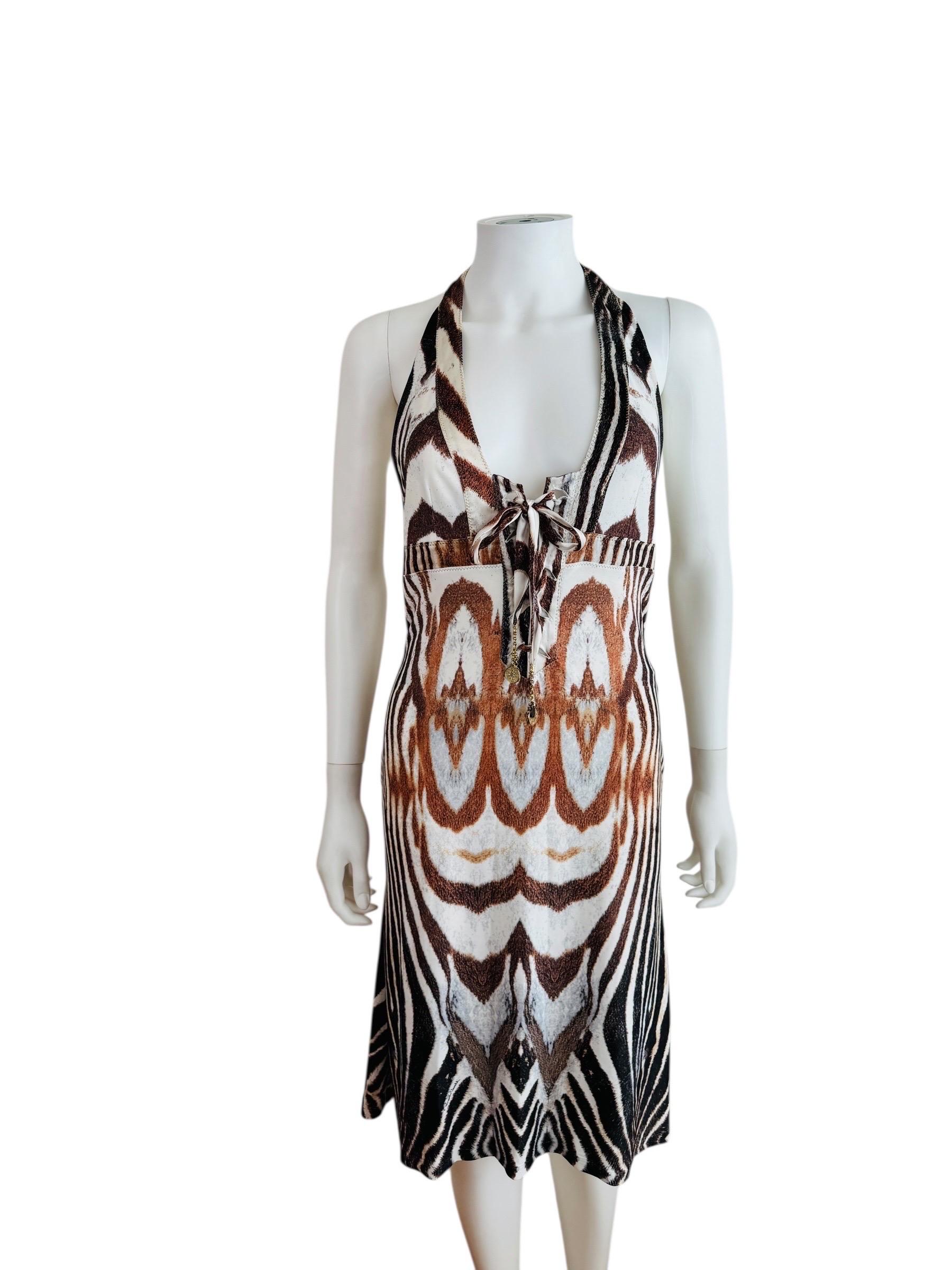 Gray Vintage S/S 2004 Y2K Roberto Cavalli Animal Print Halter Dress Lace Up Front For Sale