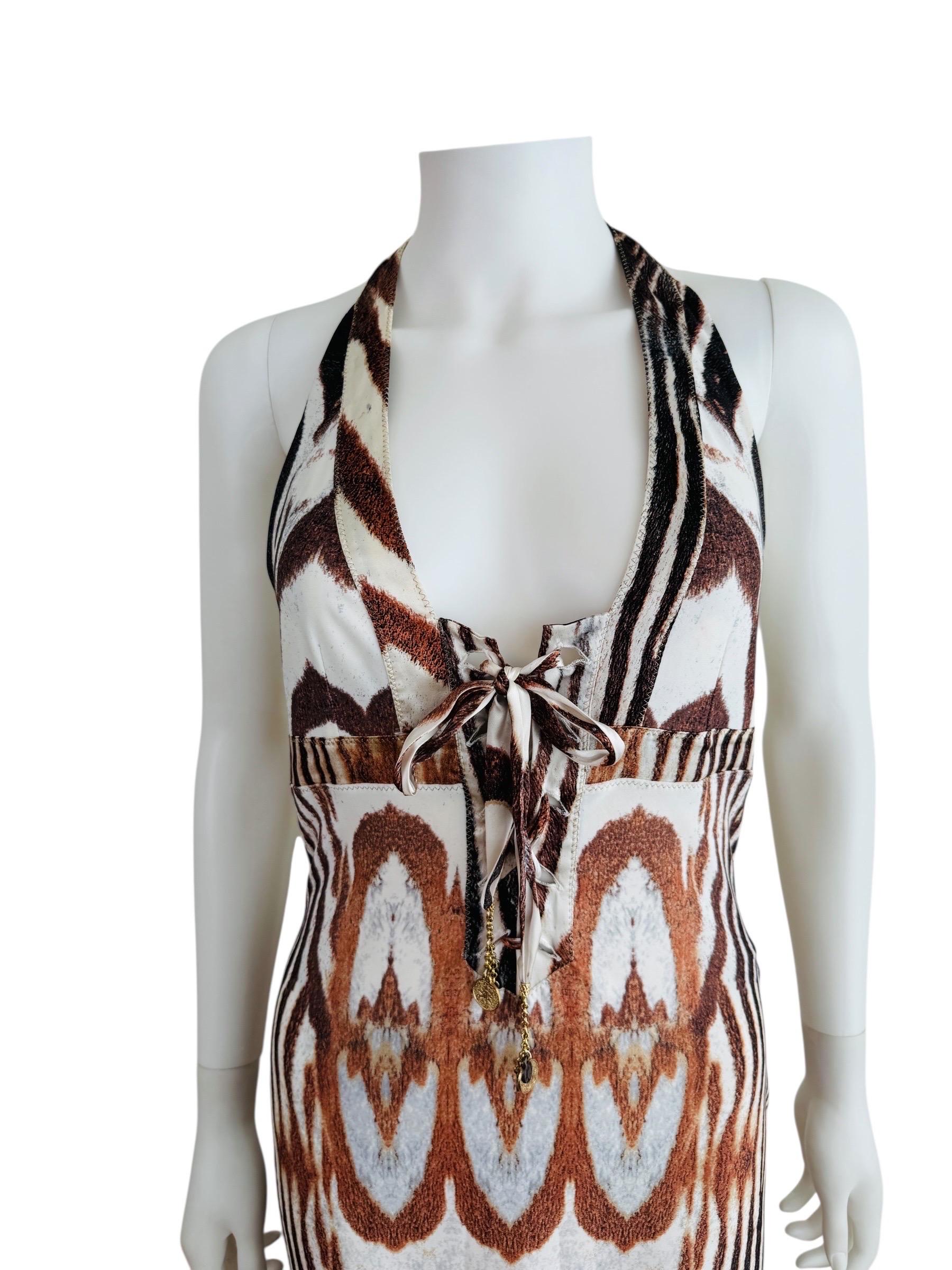 Vintage S/S 2004 Y2K Roberto Cavalli Animal Print Halter Dress Lace Up Front In Excellent Condition For Sale In Denver, CO