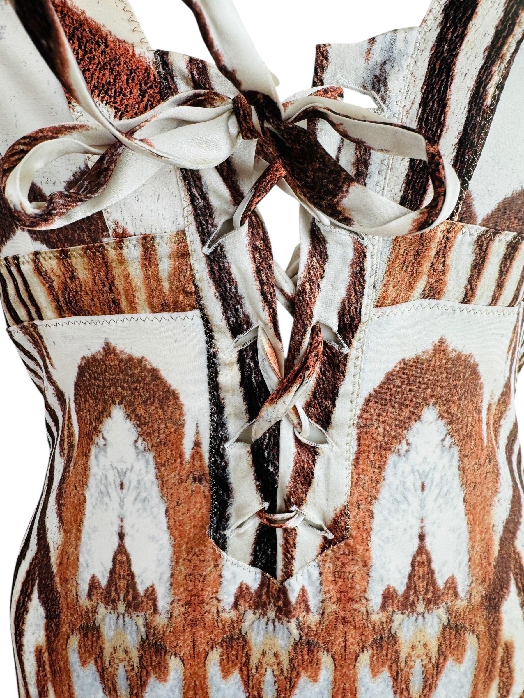 Women's Vintage S/S 2004 Y2K Roberto Cavalli Animal Print Halter Dress Lace Up Front For Sale
