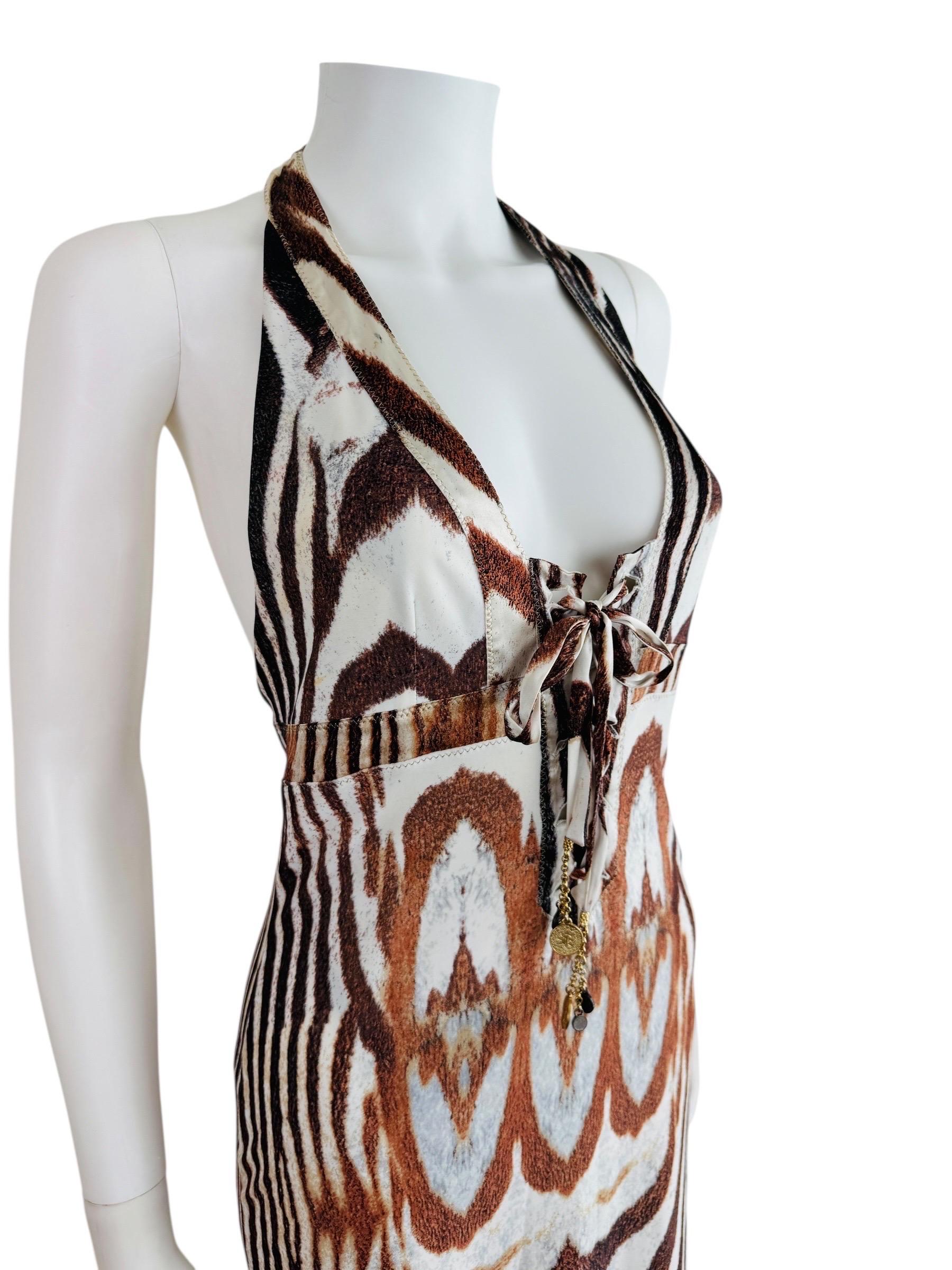 Vintage S/S 2004 Y2K Roberto Cavalli Animal Print Halter Dress Lace Up Front For Sale 2