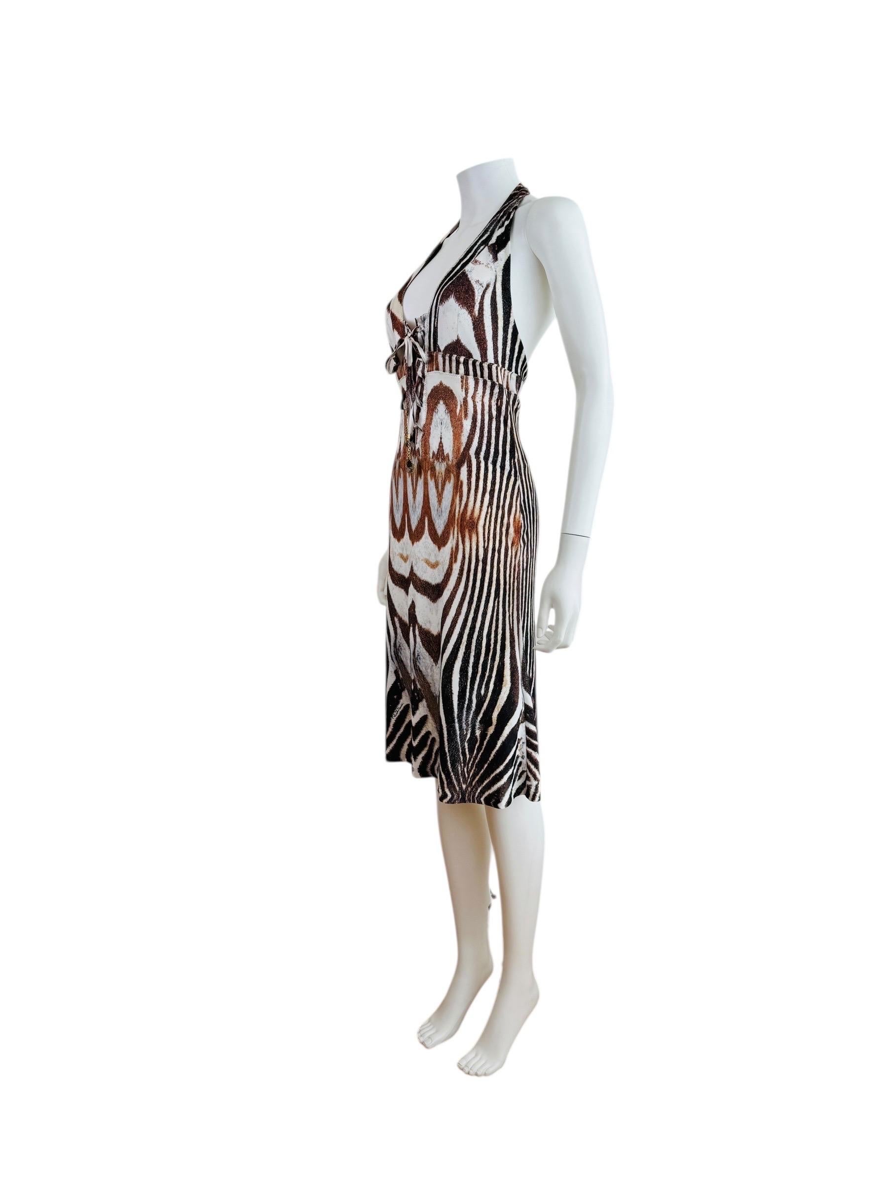 Vintage S/S 2004 Y2K Roberto Cavalli Animal Print Halter Dress Lace Up Front For Sale 3