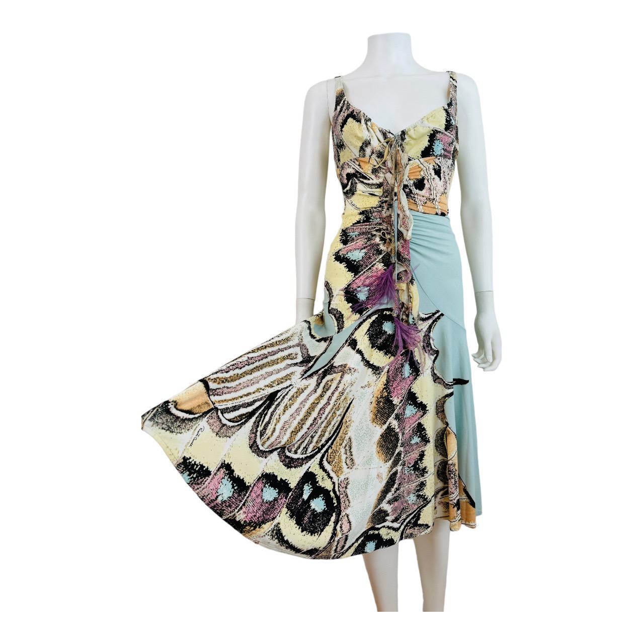 Vintage S/S 2004 Y2K Roberto Cavalli Butterfly Animal Print Midi Dress Feathers 5